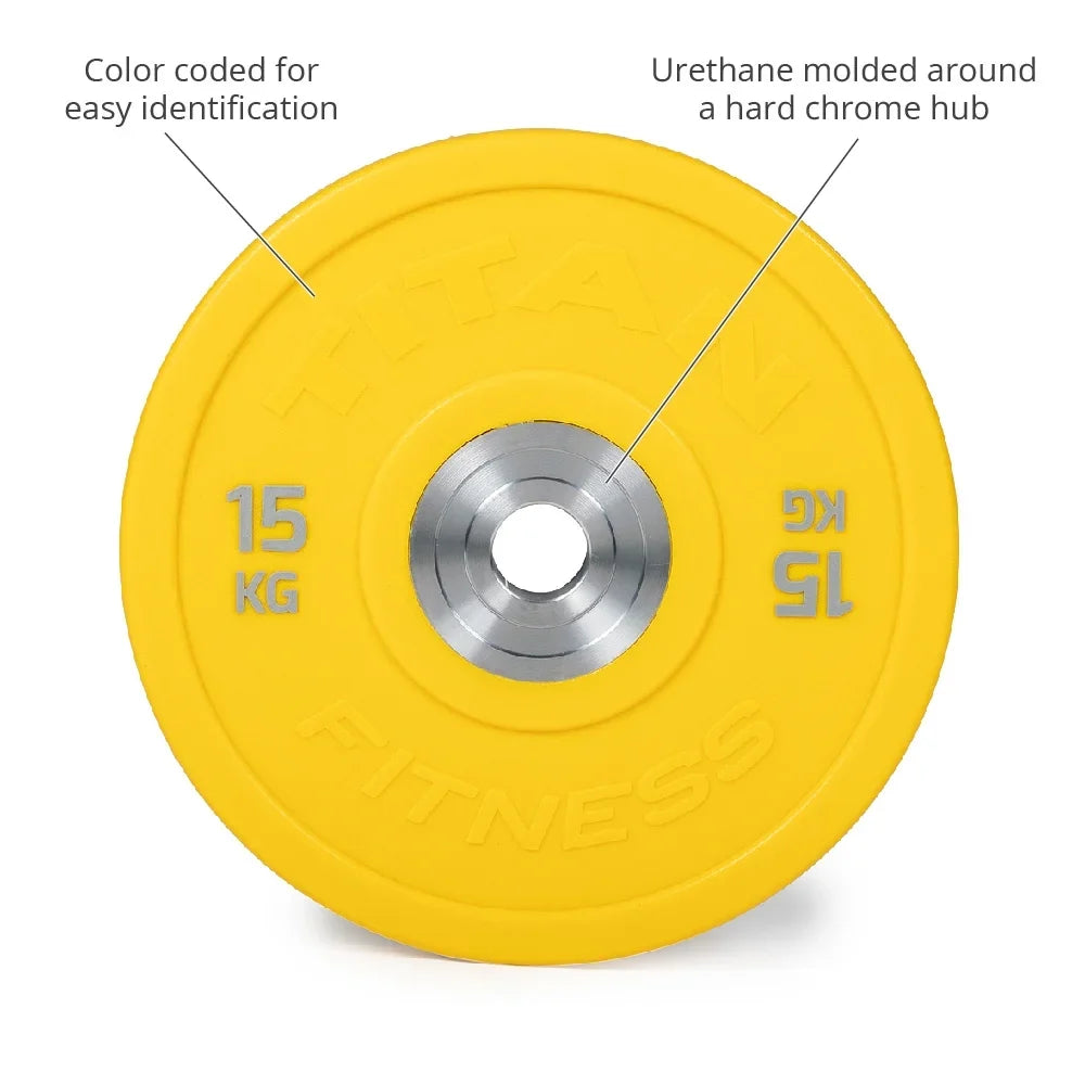 Titan Fitness 15 KG Color Urethane Bumper Plates, Sold Individually, Yellow Colored Mold with Steel Insert