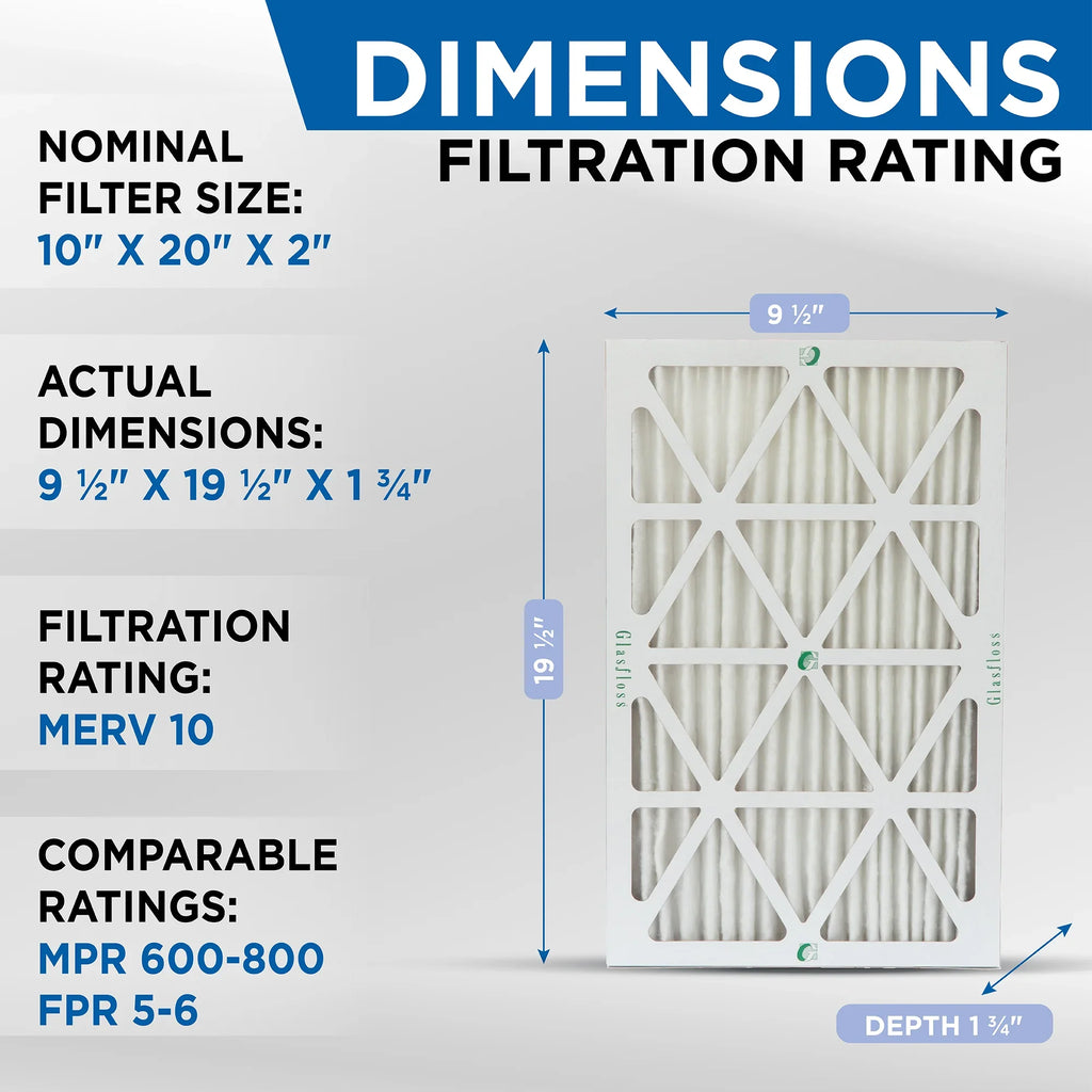12 Pack of 10x20x2 MERV 10 Pleated 2" Inch Air Filters by Glasfloss. Actual Size: 9-1/2 x 19-1/2 x 1-3/4 - Exclusive Design