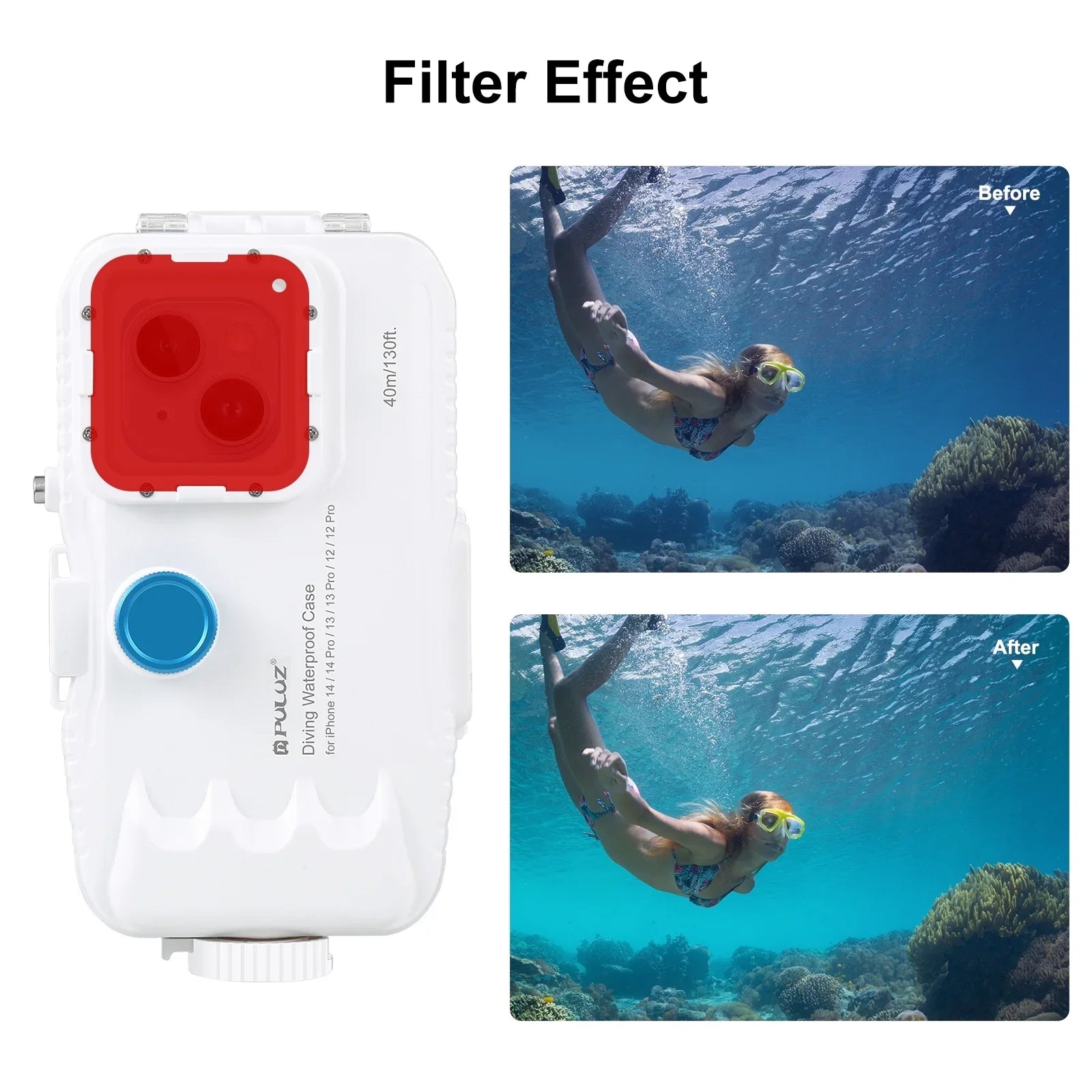 PULUZ 40M131ft Waterproof Phone Case Underwater Exploration Case Smartphone Underwater Housing Protective Case with Red Filter Neck Strap Cleaning Cloth Replacement for 14/ 14 / 13/ 13 / 12/ 12 P