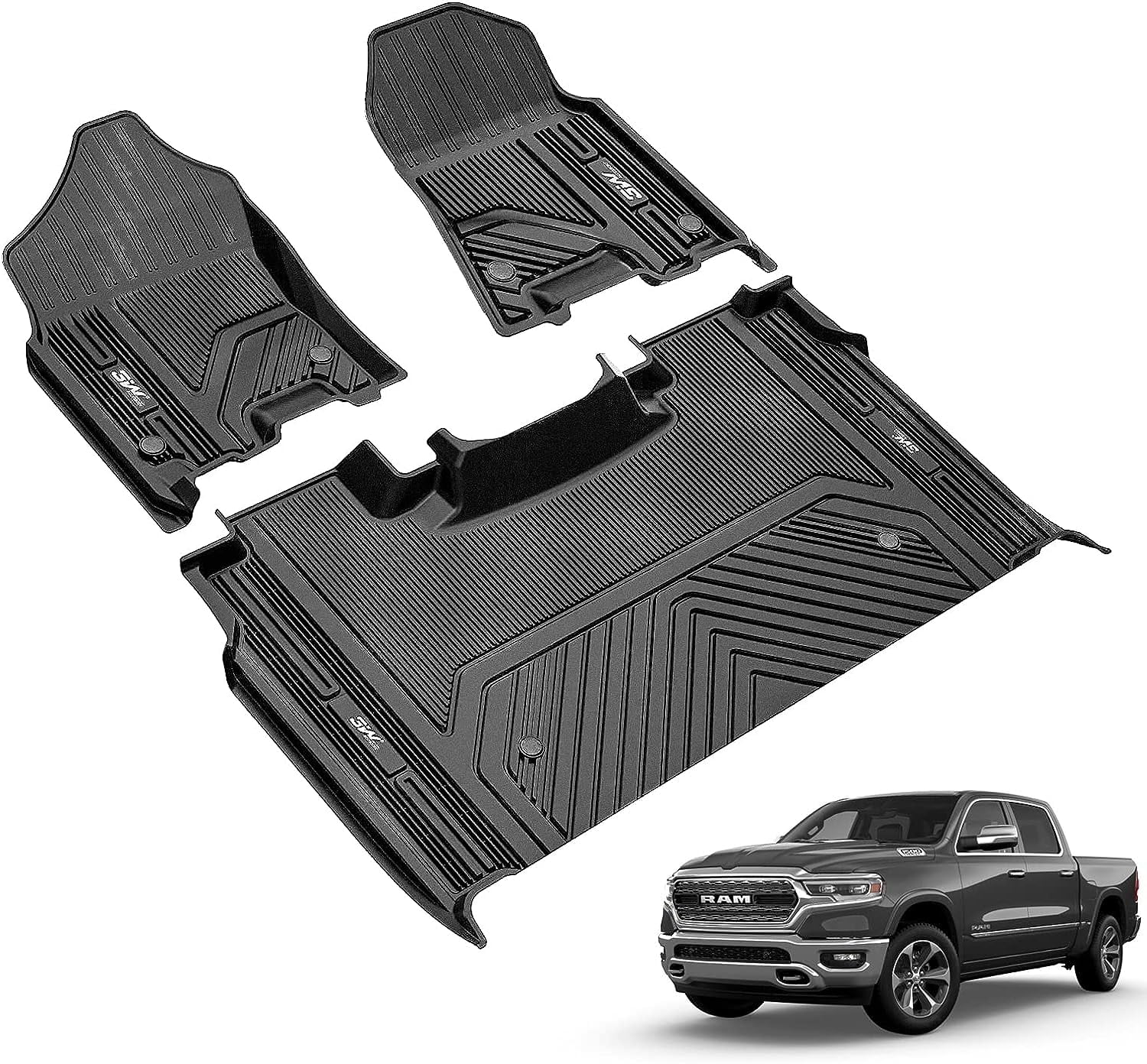 3W Floor Mats Fit for 2019-2023 Dodge Ram 1500 Crew Cab with Rear Under-Seat Factory Storage Bucket Seat, All Weather Car Liners Floor Liner Full Set Car Mats - Exclusive Design