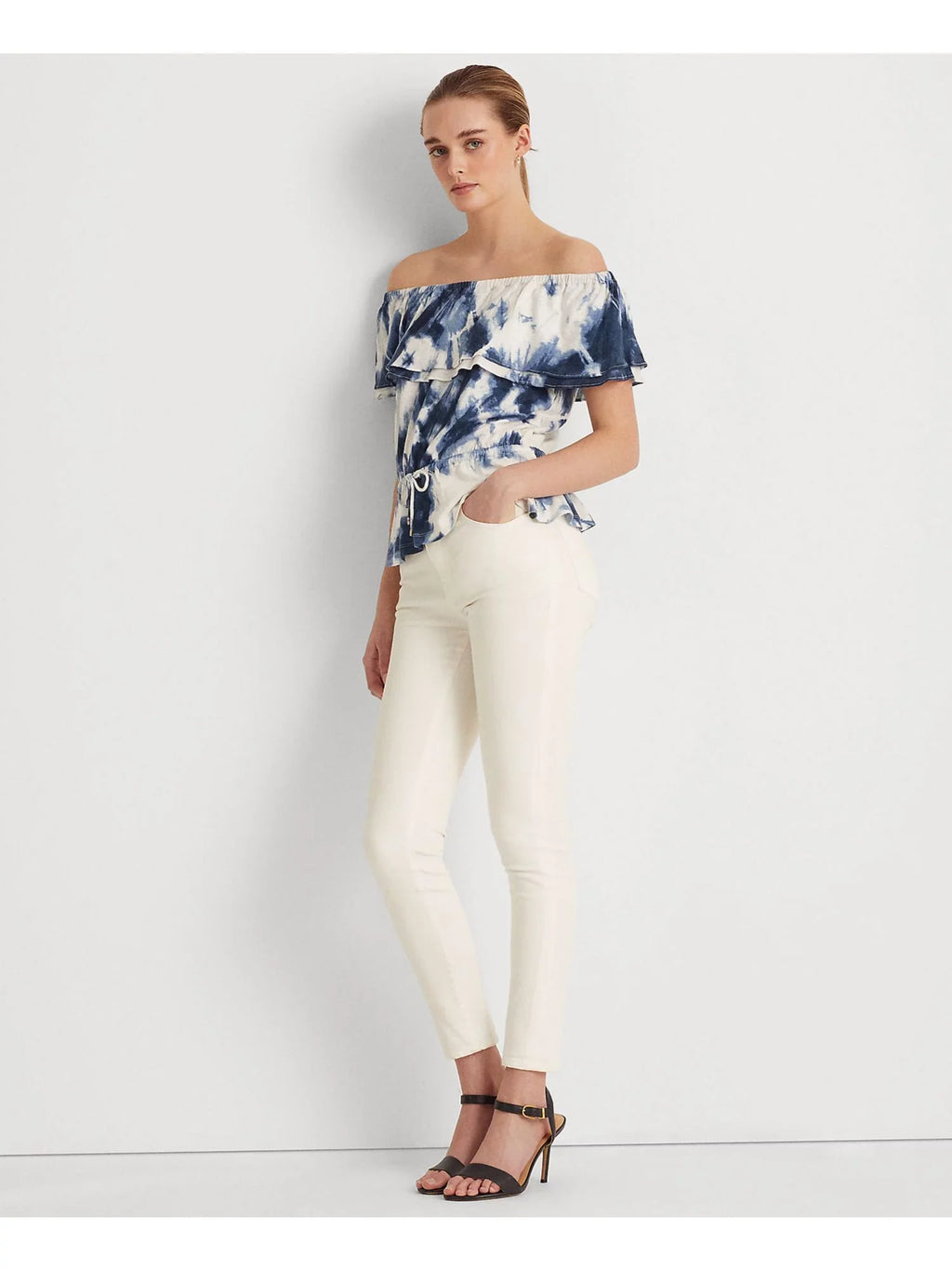 Stylish LAUREN RALPH LAUREN Womens White Ruffled Elasticized Drawcord Waist Tie Dye Short Sleeve Off Shoulder Peplum Top S