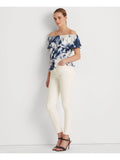Stylish LAUREN RALPH LAUREN Womens White Ruffled Elasticized Drawcord Waist Tie Dye Short Sleeve Off Shoulder Peplum Top S