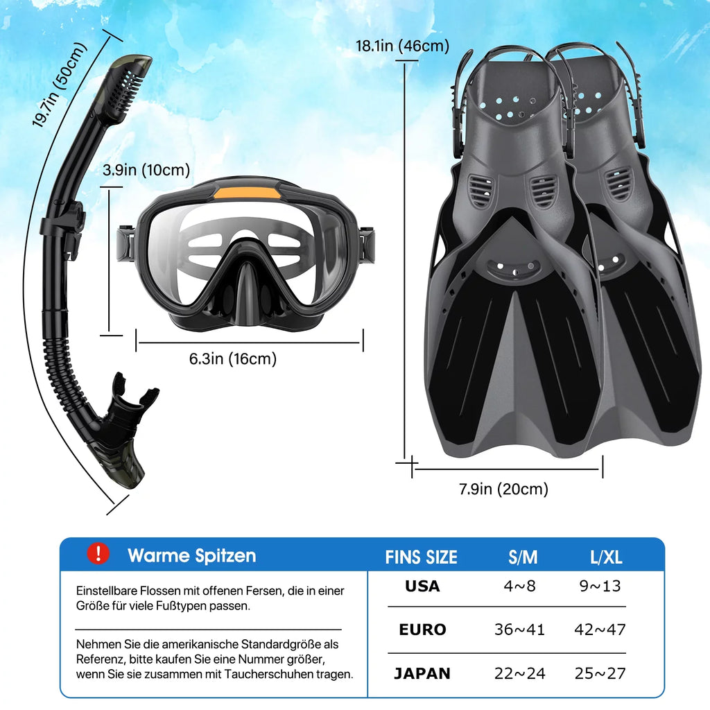 Snorkeling Gear for Adults Men Women,4 in 1 Snorkel Set with Panoramic View Diving Mask Anti-Fog Anti-Leak,Dry Top Snorkel,Fins and Travel Bag for Swimming,Snorkeling and Travel Diving - Exclusive Design