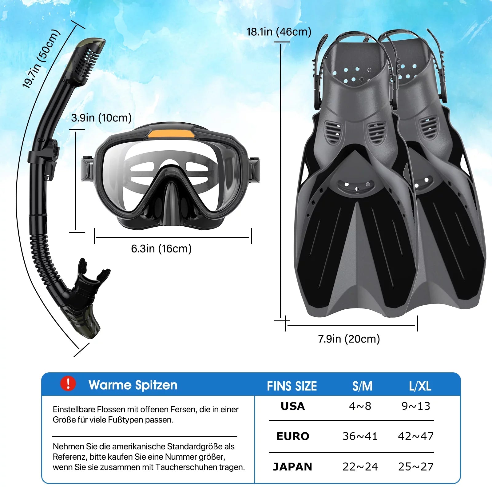 Snorkeling Gear for Adults Men Women,4 in 1 Snorkel Set with Panoramic View Diving Mask Anti-Fog Anti-Leak,Dry Top Snorkel,Fins and Travel Bag for Swimming,Snorkeling and Travel Diving - Exclusive Design