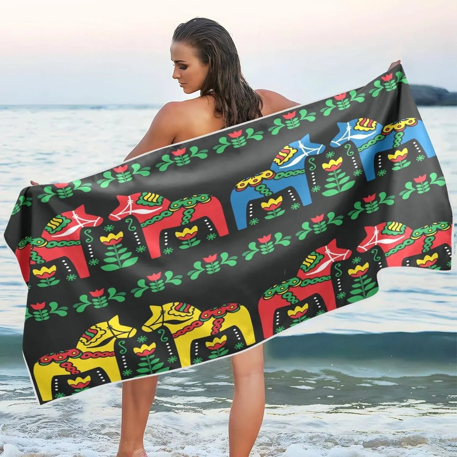 Bestwell Swedish Dala Horse Beach Towel - Lampweight Compact Oversized Travel Towels - Super Absorbent Quick Dry Towel for Swimming Camping Holidayï¼350ï¼