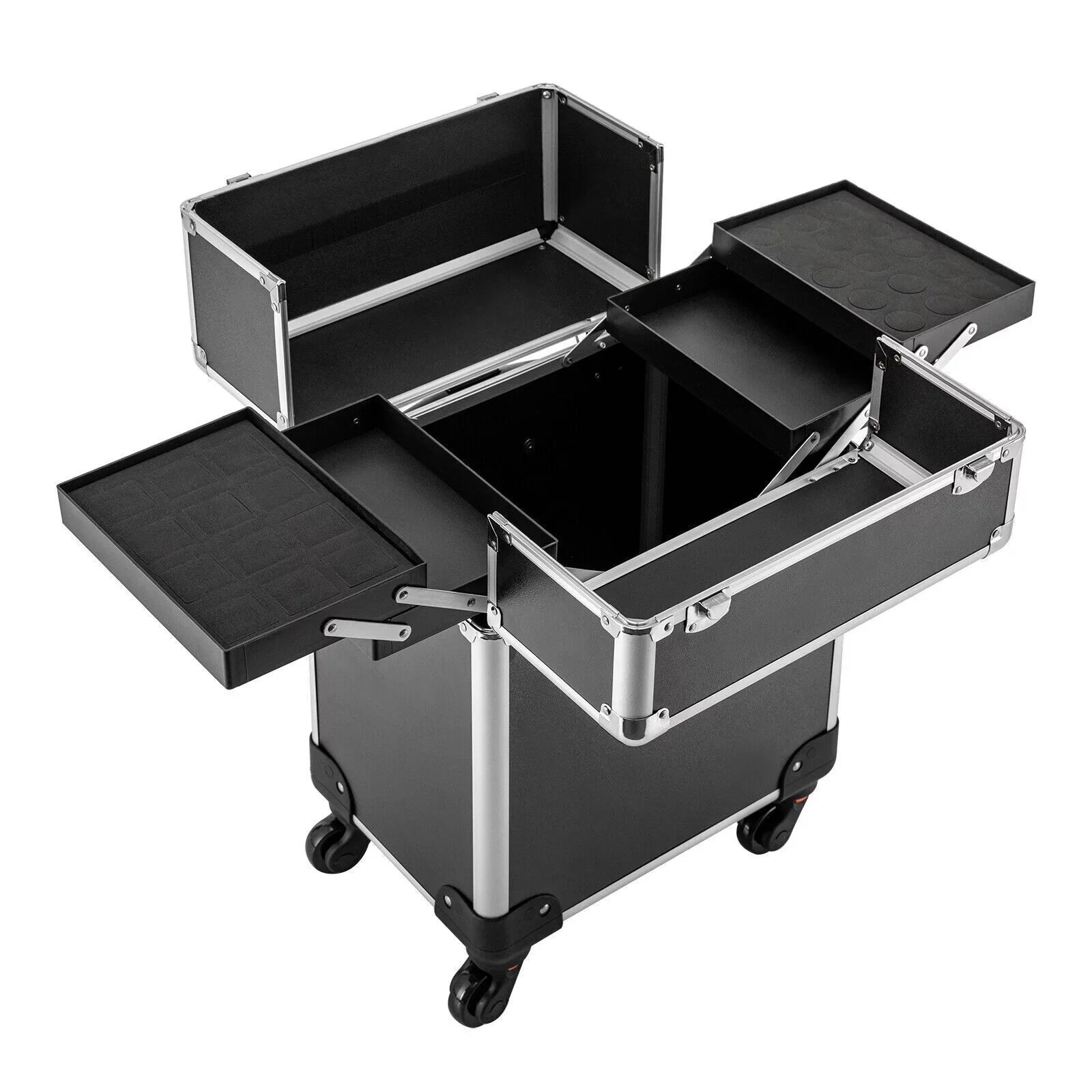 Stylish Rolling Lockable Makeup Train Case Hairdresser Trolley, Stylist Beauty Nail Salon Barber Case Cosmetic Luggage Travel Trunk Cart Organizer Tool Box with Swivel Wheels (Black)