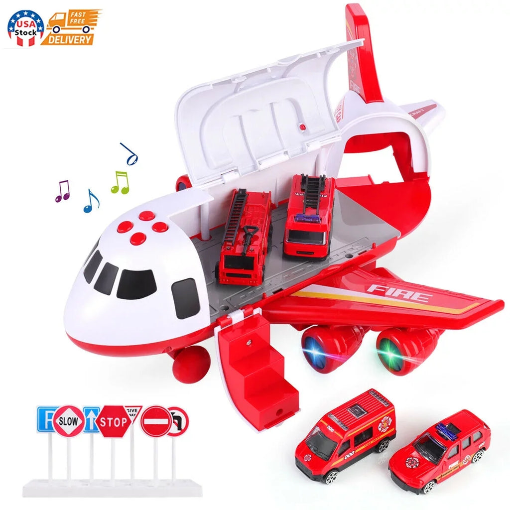 Stylish SHANNA Airplane Toy Fire Truck Playset with Music and Lights, Transformable Airplane Storage Cart, 3-6 Years Old Boys and Girls Birthday Christmas Gift (Red)