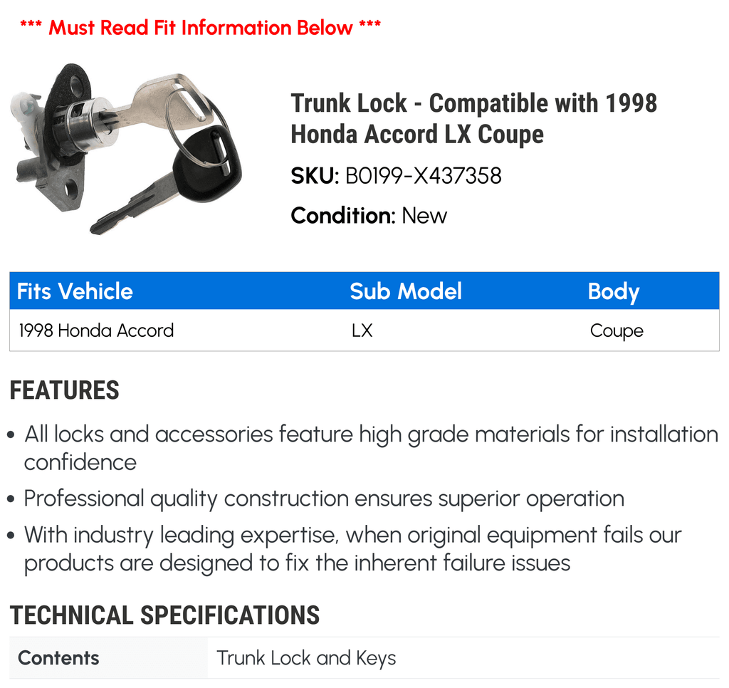 Stylish Trunk Lock - Compatible with 1998 Honda Accord LX Coupe