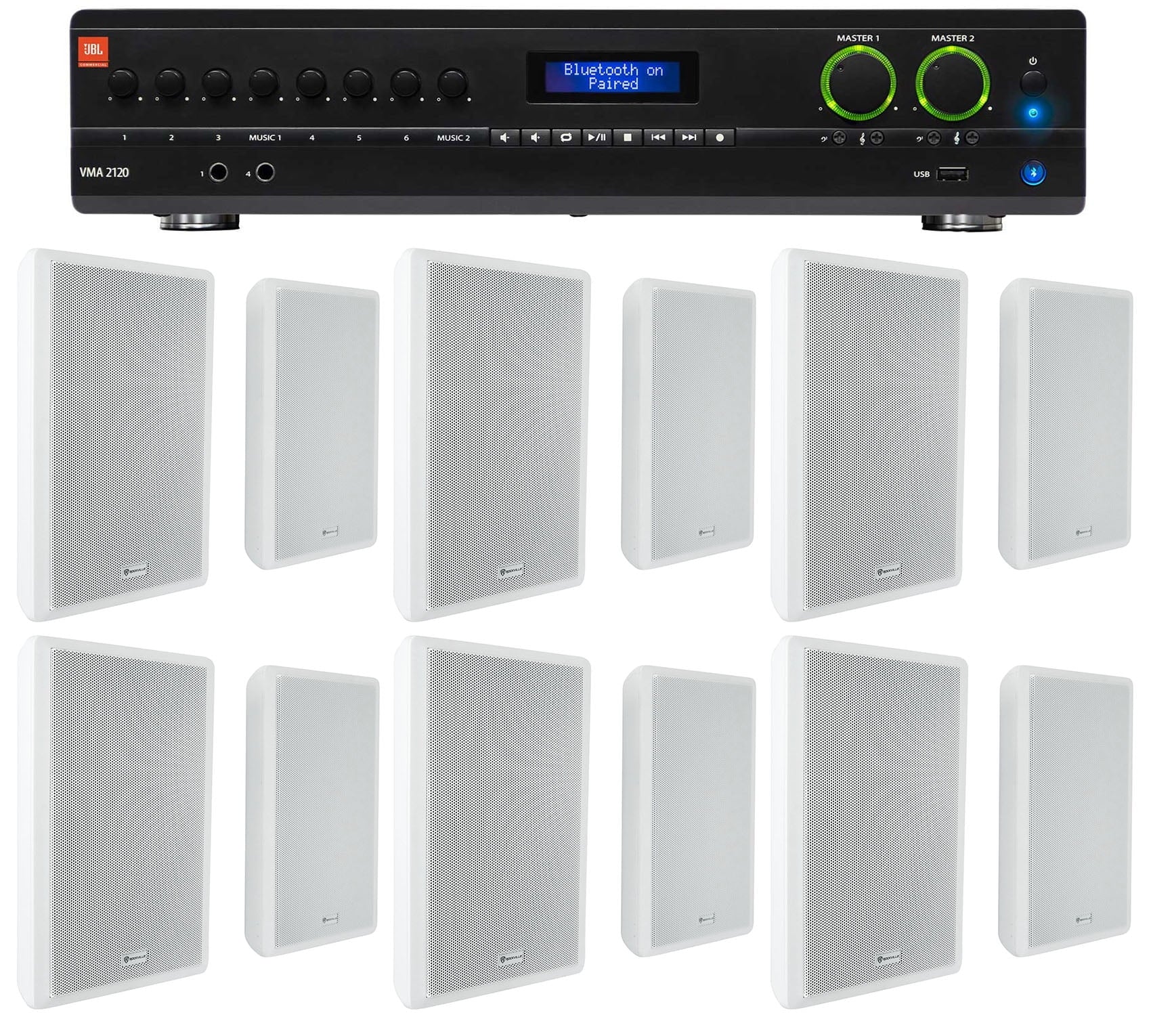 JBL 2-Channel Amplifier+(12) Slim White Wall Speakers for Restaurant/Bar/Cafe