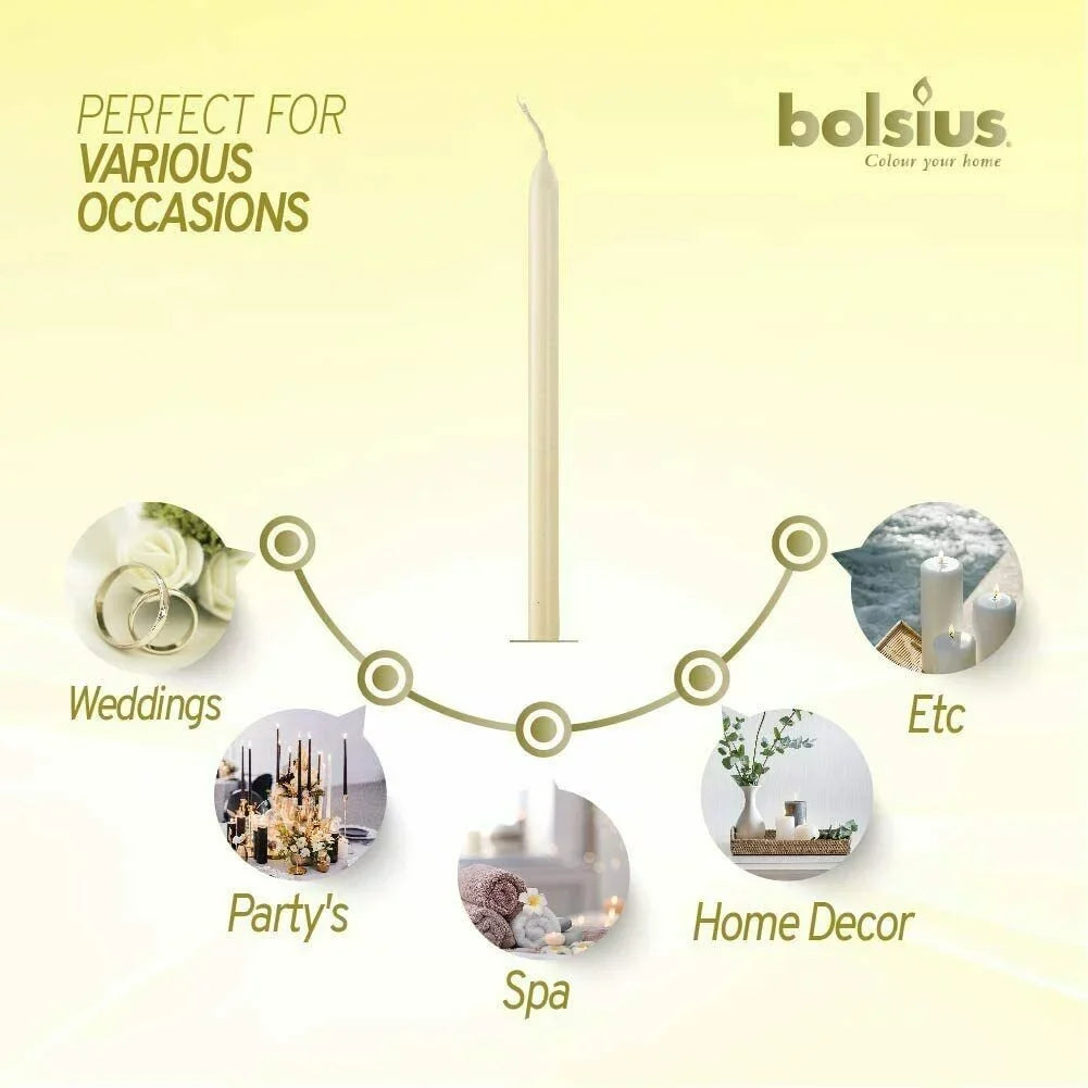 Stylish Bolsius 30 Ivory Unscented Taper - Dinner Candles Wedding for Spa, Christmas, Party, Household Decoration - 7.5 Hours Long Burning Smokeless Table Candle - Bulk Pack