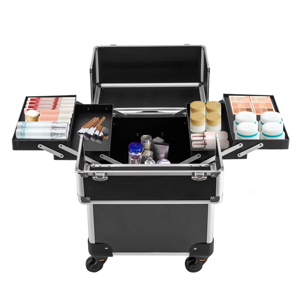 Stylish Rolling Lockable Makeup Train Case Hairdresser Trolley, Stylist Beauty Nail Salon Barber Case Cosmetic Luggage Travel Trunk Cart Organizer Tool Box with Swivel Wheels (Black)