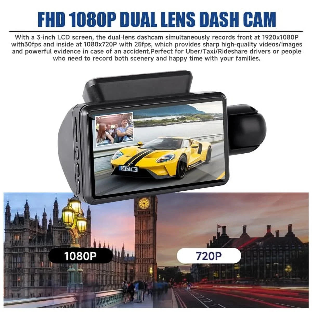 Stylish SYTHERS 1080P Dash Cam Front and Rear, 170Â° Wide Angle Dash Camera with Night Vision