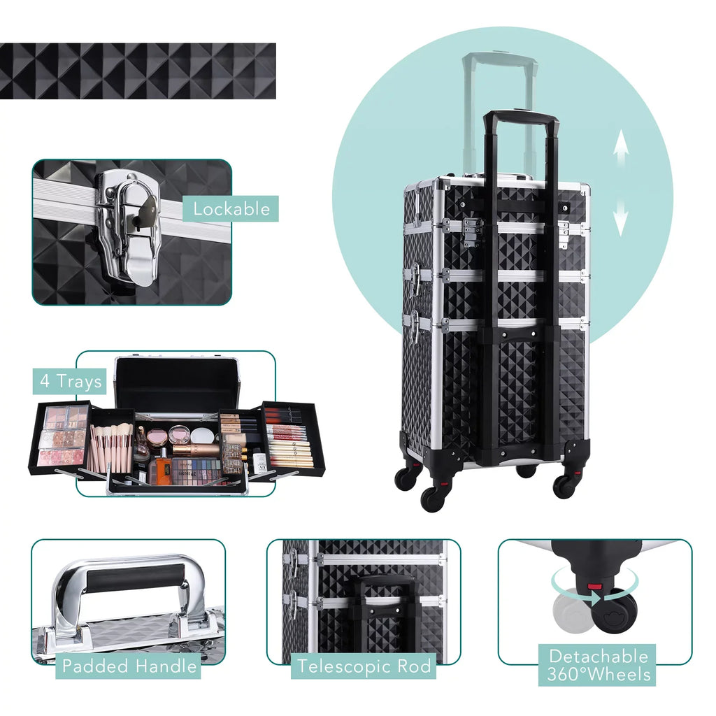 Joligrace 3-in-1 Professional Rolling Makeup Case Cosmetic Trolley Beauty Box