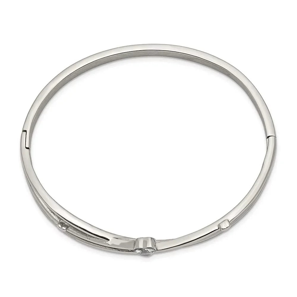 Primal Steel Stainless Steel Polished Heart CZ Hinged Bangle