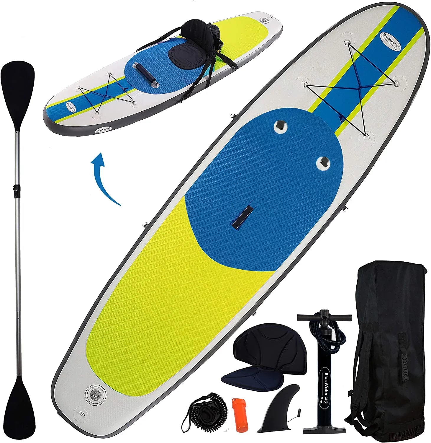 Blue Water Toys Inflatable Crossover Stand Up Paddle Board/Kayak Kit - Blue Yellow 10 feet by 32 inches - Exclusive Design