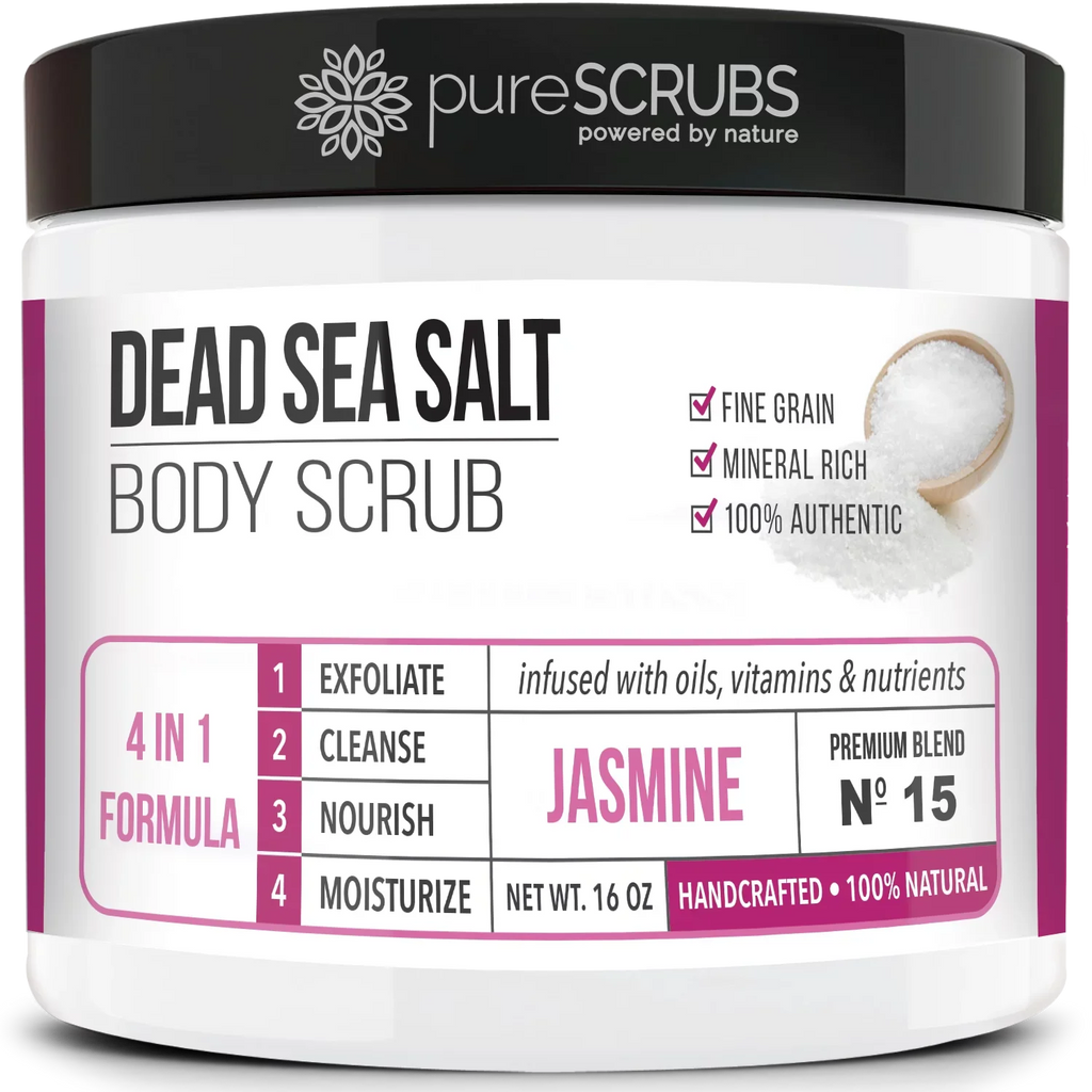 pureSCRUBS Premium Organic Body Scrub Set - Large 16oz JASMINE BODY SCRUB - Pure Dead Sea Salt Infused With Organic Essential Oils & Nutrients + FREE Wooden Spoon, Loofah & Mini Exfoliating Bar Soap - Exclusive Design