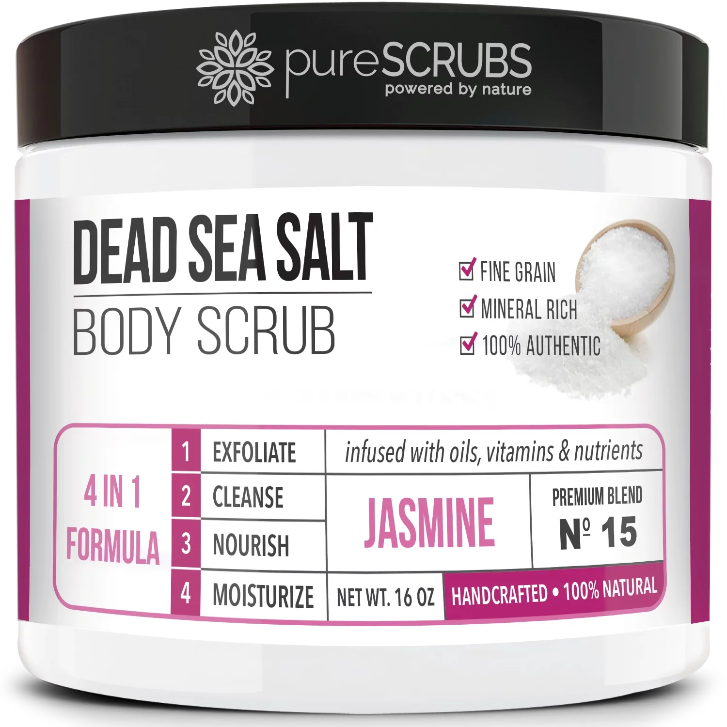 pureSCRUBS Premium Organic Body Scrub Set - Large 16oz JASMINE BODY SCRUB - Pure Dead Sea Salt Infused With Organic Essential Oils & Nutrients + FREE Wooden Spoon, Loofah & Mini Exfoliating Bar Soap - Exclusive Design