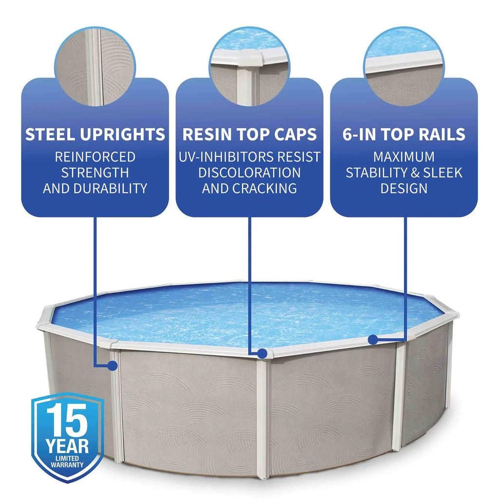 Belize 27-ft Round 52-in Deep 6-in Top Rail Metal Wall Swimming Pool Package - Exclusive Design