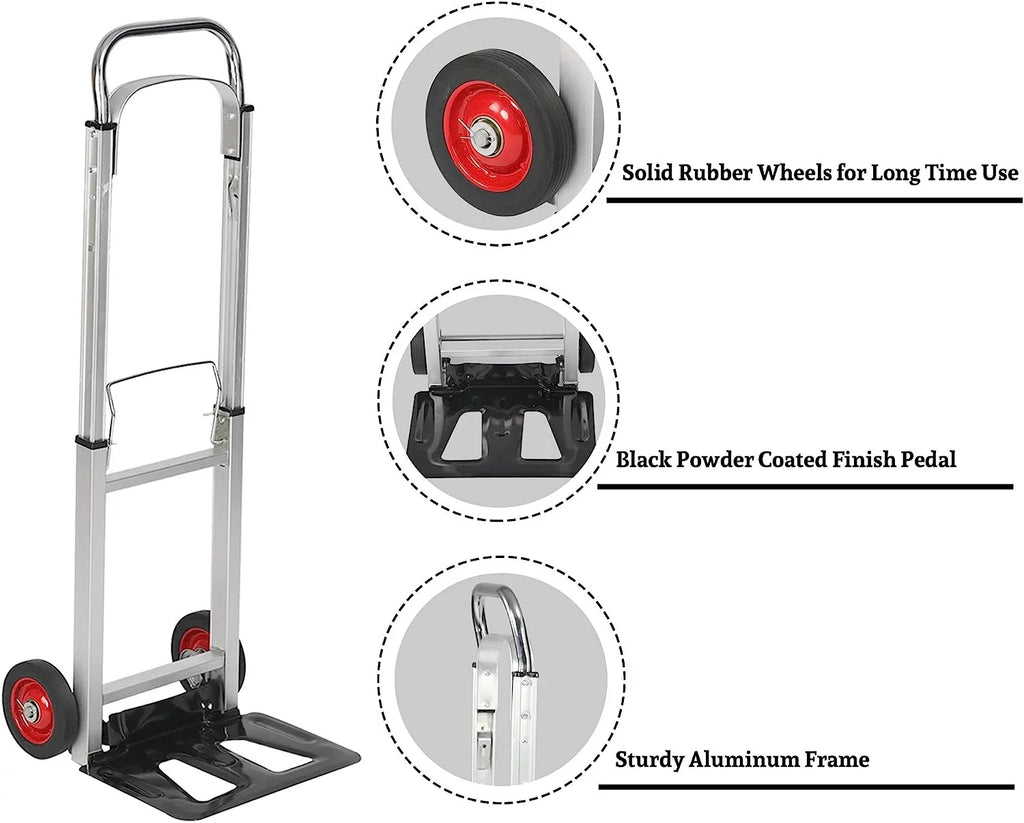 Aluminum Foldable Hand Truck with Telescoping Handle and Rubber Wheels Heavy Duty Compact Luggage Cart Portable Trolley for Travel, Shopping or Industrial - Exclusive Design
