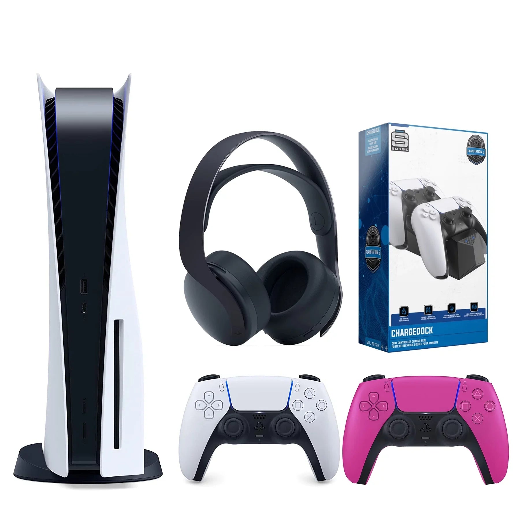 Sony Playstation 5 Disc Version (Sony PS5 Disc) with Extra Nova Pink Controller, Black PULSE 3D Headset and Dual Charging Station Bundle - Exclusive Design