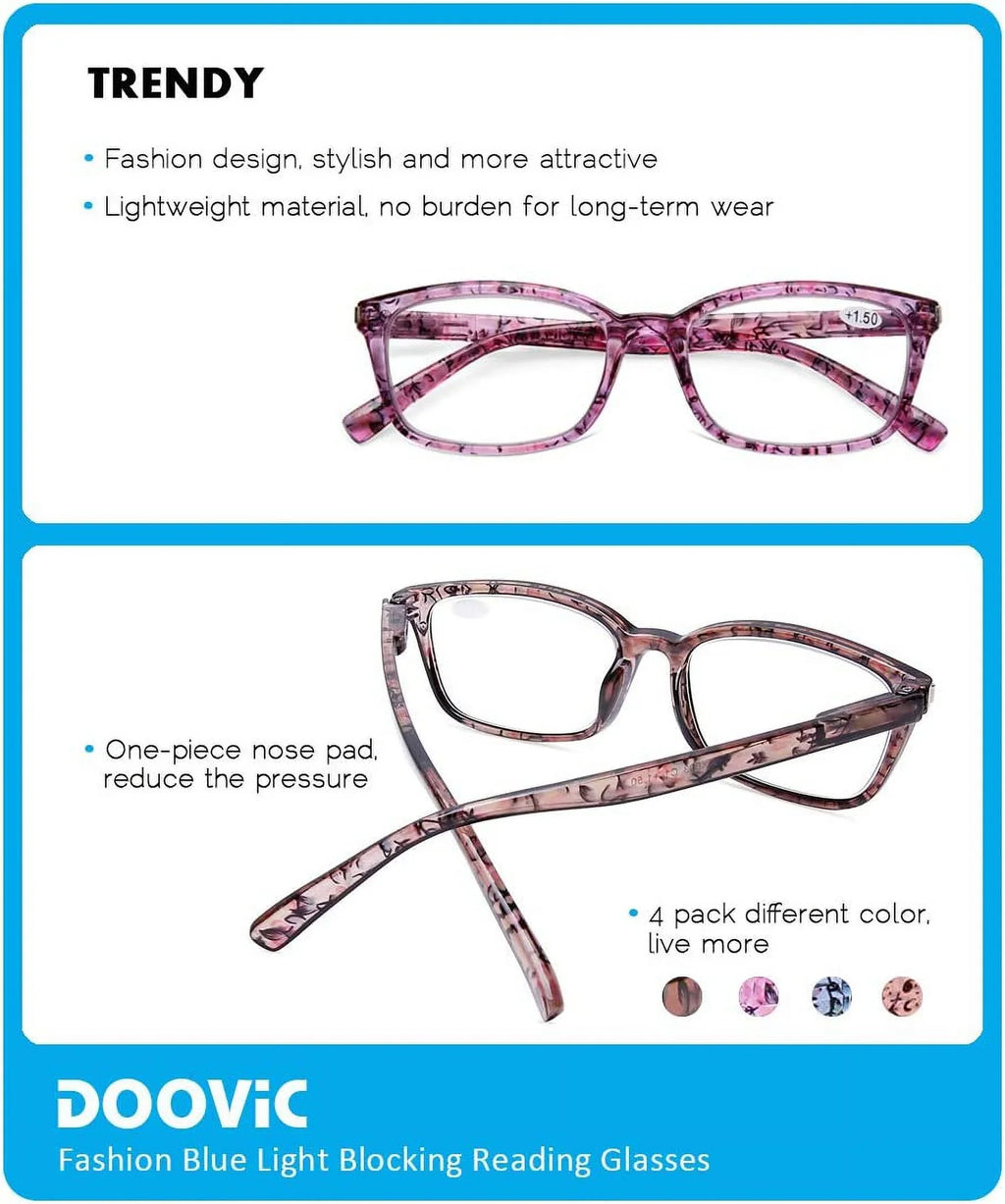 Stylish DOOViC 4 Pack Computer Reading Glasses Blue Light Blocking Anti Eyestrain Spring Hinge Stylish Readers for Women 1.50 Strength
