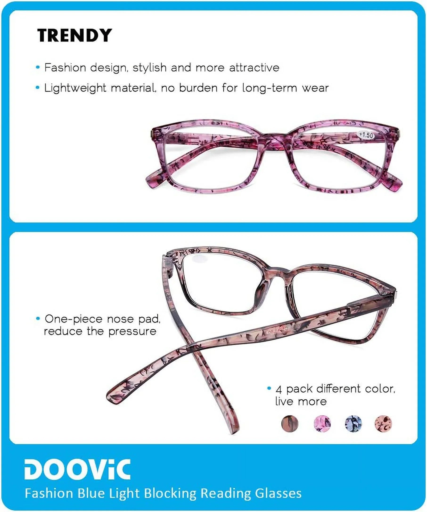 Stylish DOOViC 4 Pack Computer Reading Glasses Blue Light Blocking Anti Eyestrain Spring Hinge Stylish Readers for Women 1.50 Strength