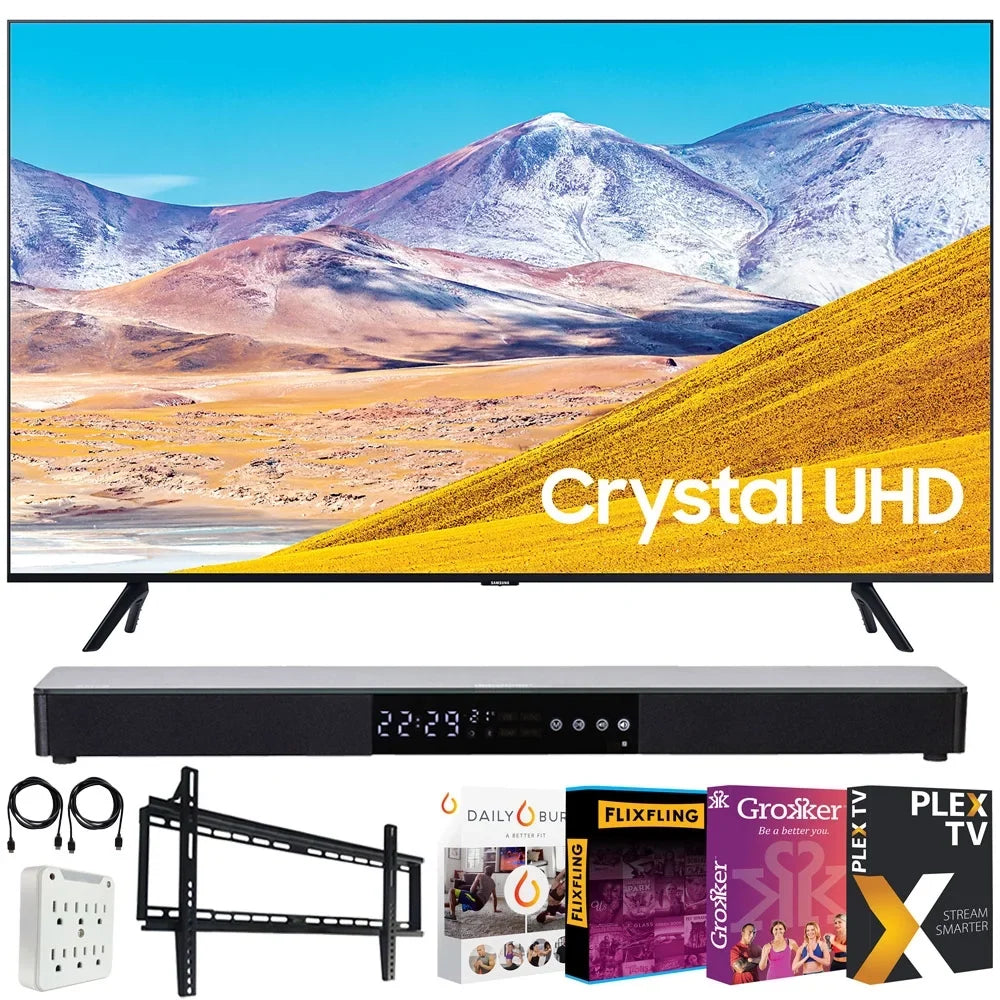 Stylish Samsung UN85TU8000 85-inch 4K Ultra HD Smart LED TV (2020 Model) Bundle with 31-in Sound bar+Wall Mount+Tech Smart USA TV Essentials 2020 & Surge Adapter (UN85TU8000FXZA 85TU8000 85" TV)