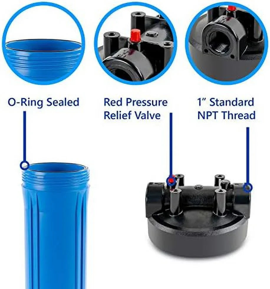 whole house water filter housing, universal 20-inch housing 4.5â x 20â, 1-inch npt inlet outlet, heavy duty standard size replacement includes wrench, pressure release button