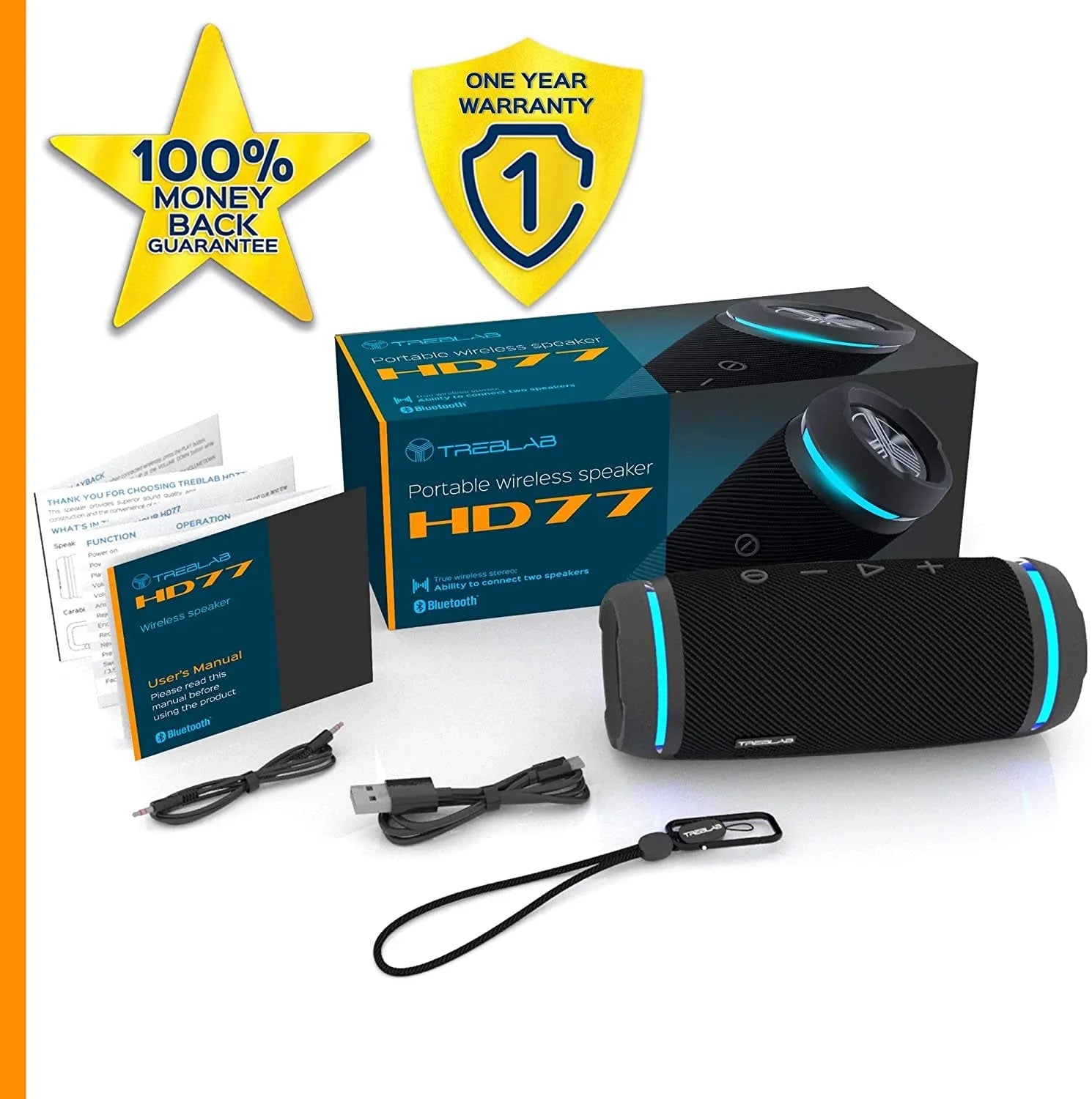 TREBLAB HD77 Rugged Wireless Speaker, Black - Exclusive Design
