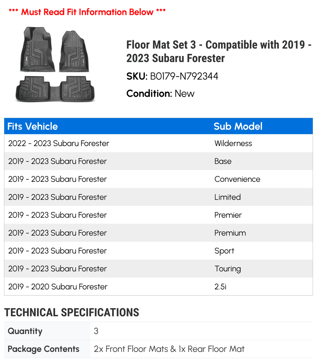 Floor Mat Set 3 - Compatible with 2019 - 2023 Subaru Forester 2020 2021 2022 - Exclusive Design