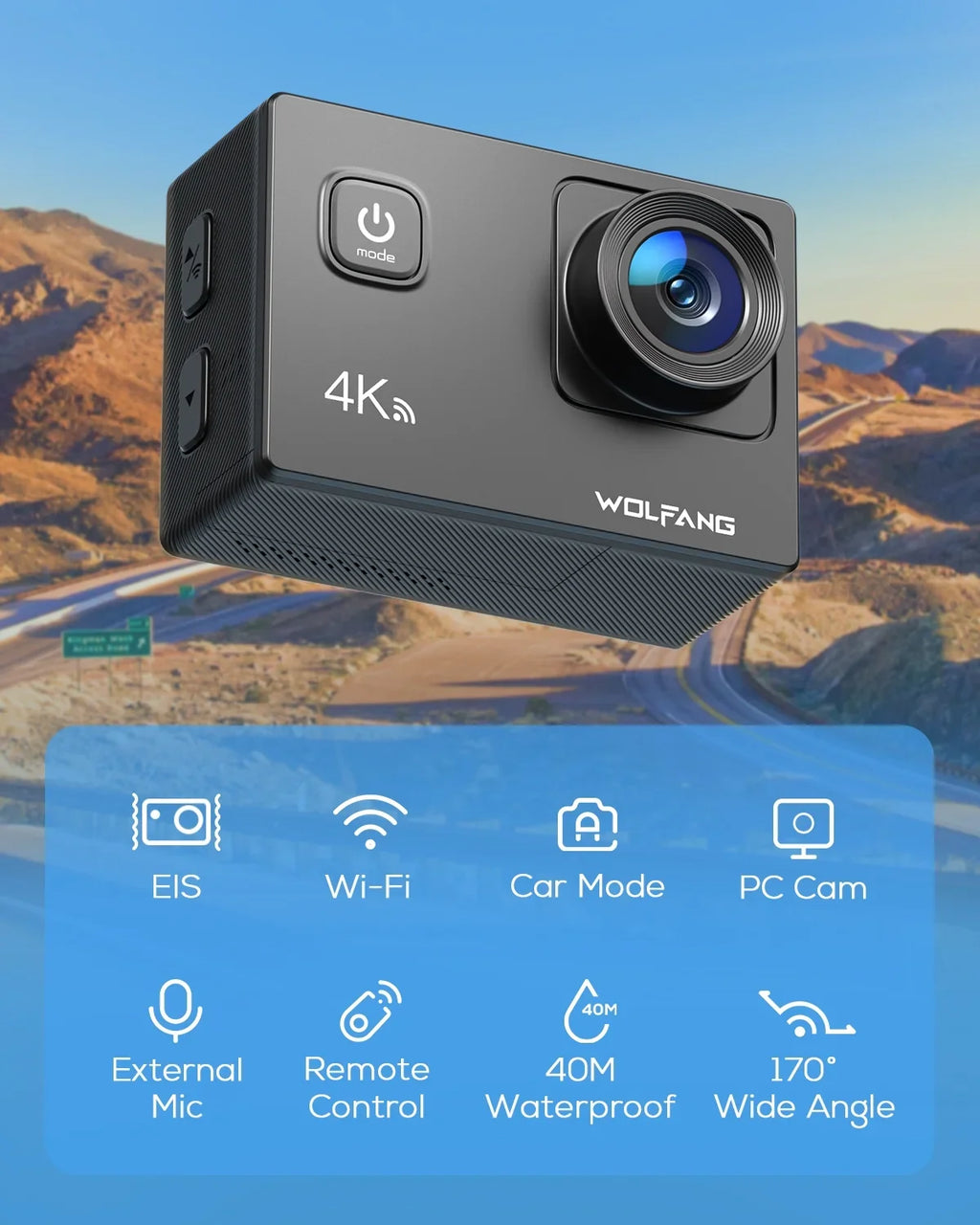 WOLFANG Action Camera 4K 20MP Action Cam Waterproof 40M Underwater Camera EIS Stabilization WiFi Video Camera 170ï¿½