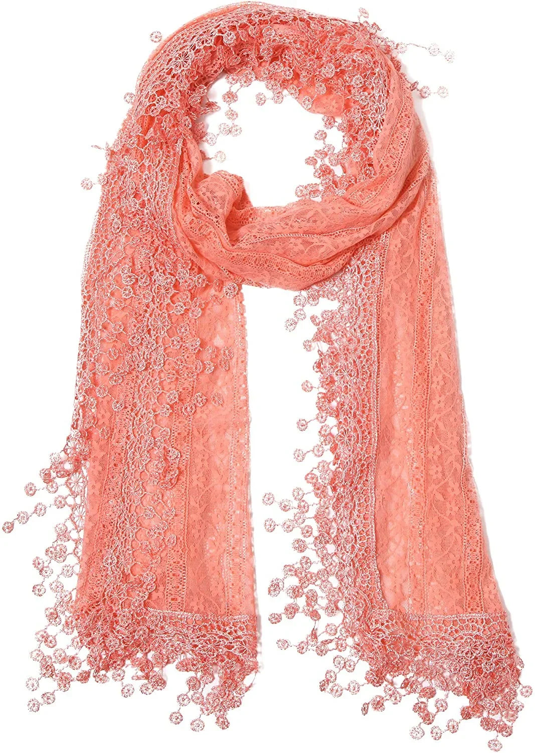 Cindy and Wendy Lightweight Soft Leaf Lace Fringes Scarf shawl for Women Peach Pink - Exclusive Design