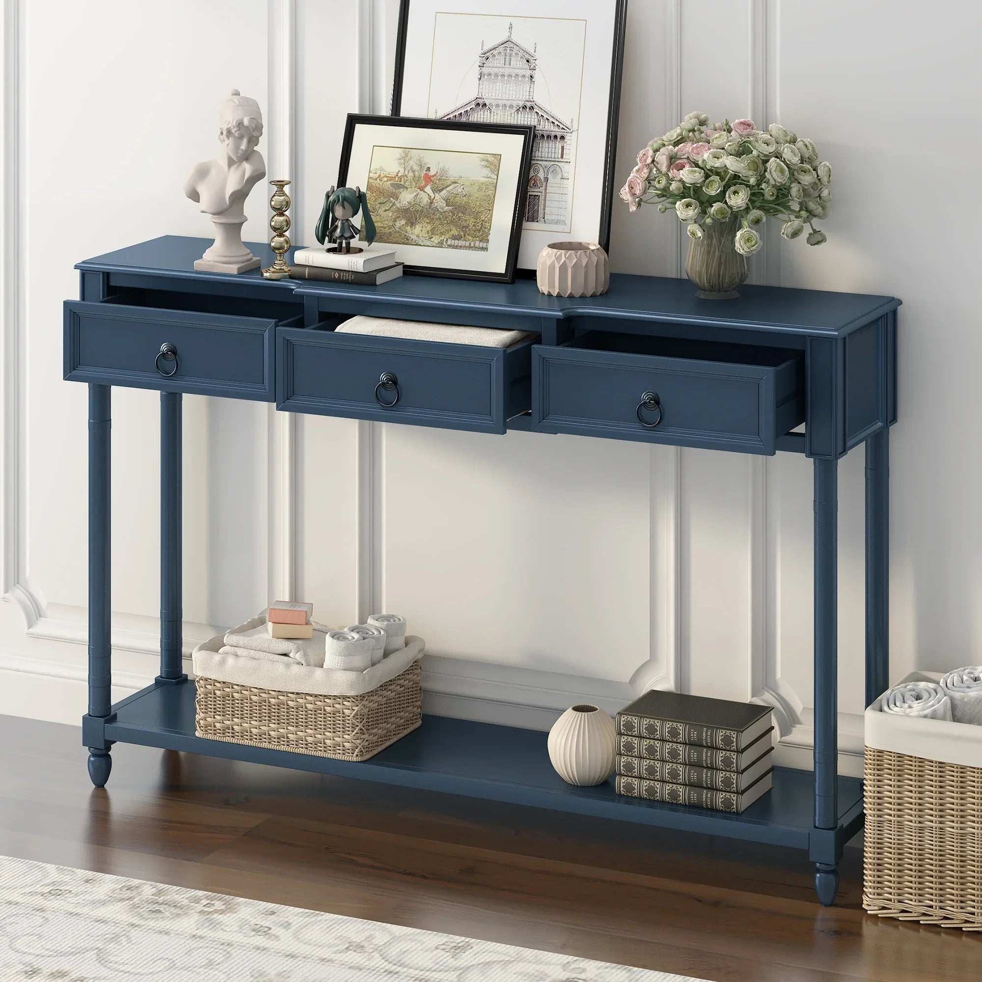 Console Table Sofa Table with Drawers for Entryway with Projecting Drawers and Long Shelf (Antique Navy, OLD SKU: WF189574AAM)