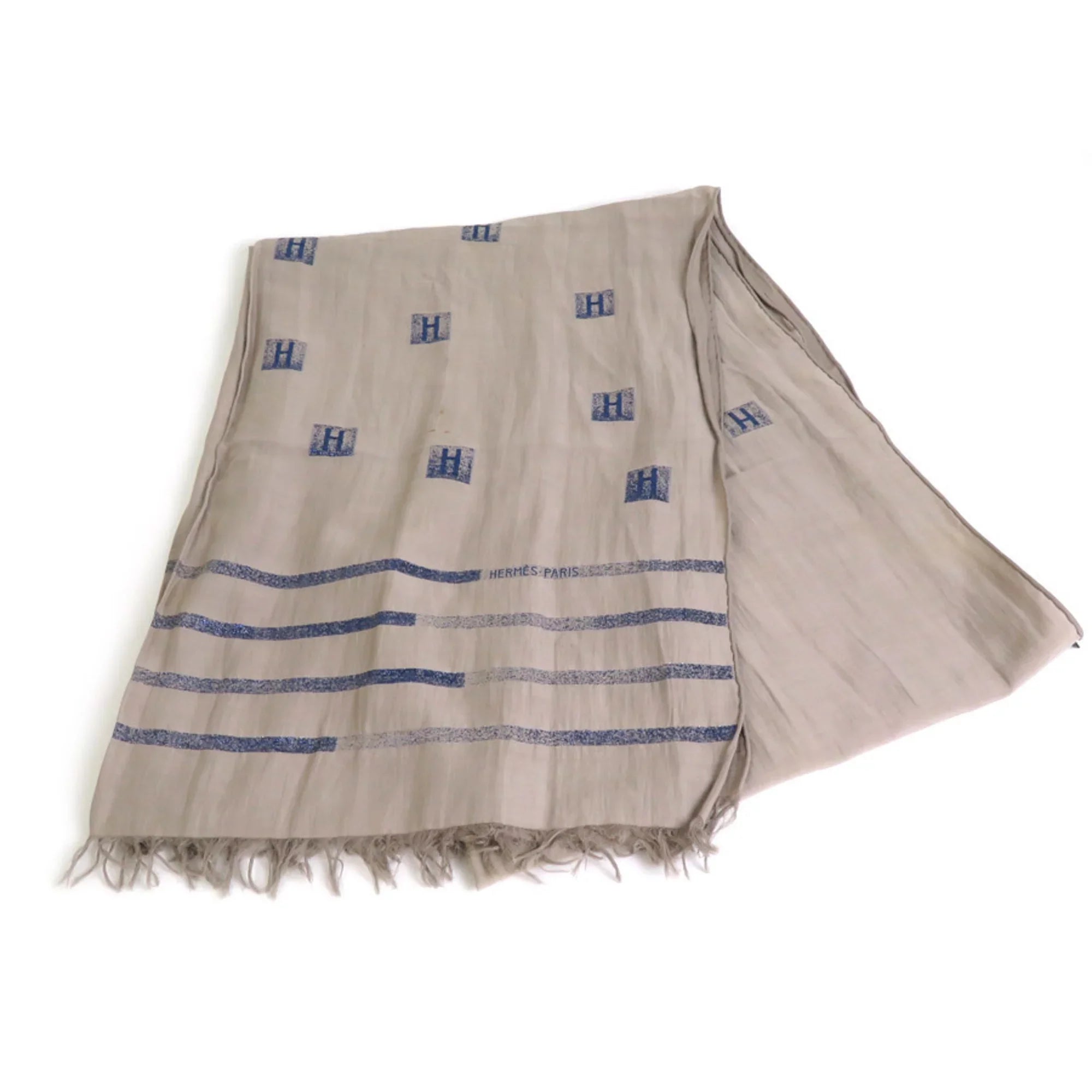 Pre-Owned Hermes HERMES Shawl Scarf H Logo Cotton/Silk/Polyester Greige/Blue Unisex e55881a (Good)