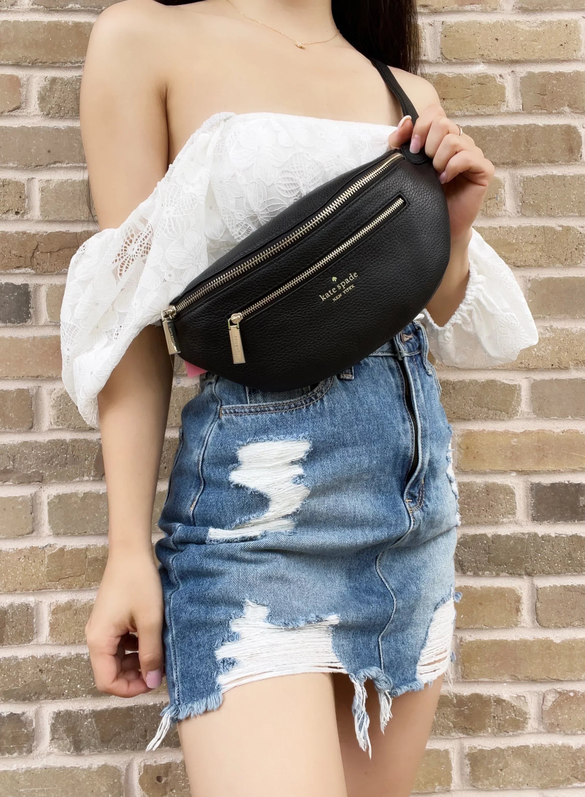 Stylish Kate Spade Leila Waist Bag Fannypack Black Pebbled Leather