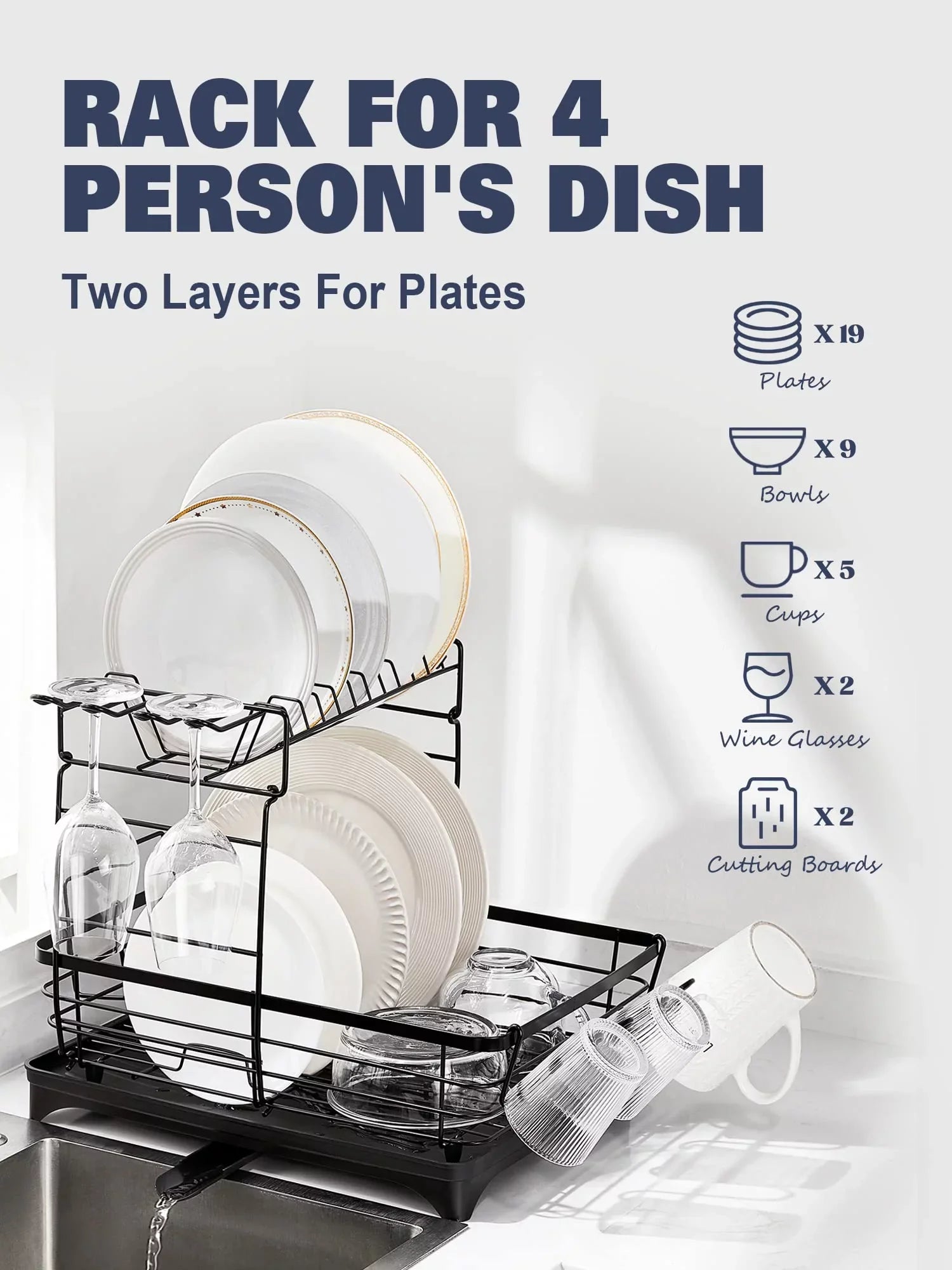 2 Tier Dish Drying Rack for Kitchen Counter, Extra Large Black - Exclusive Design