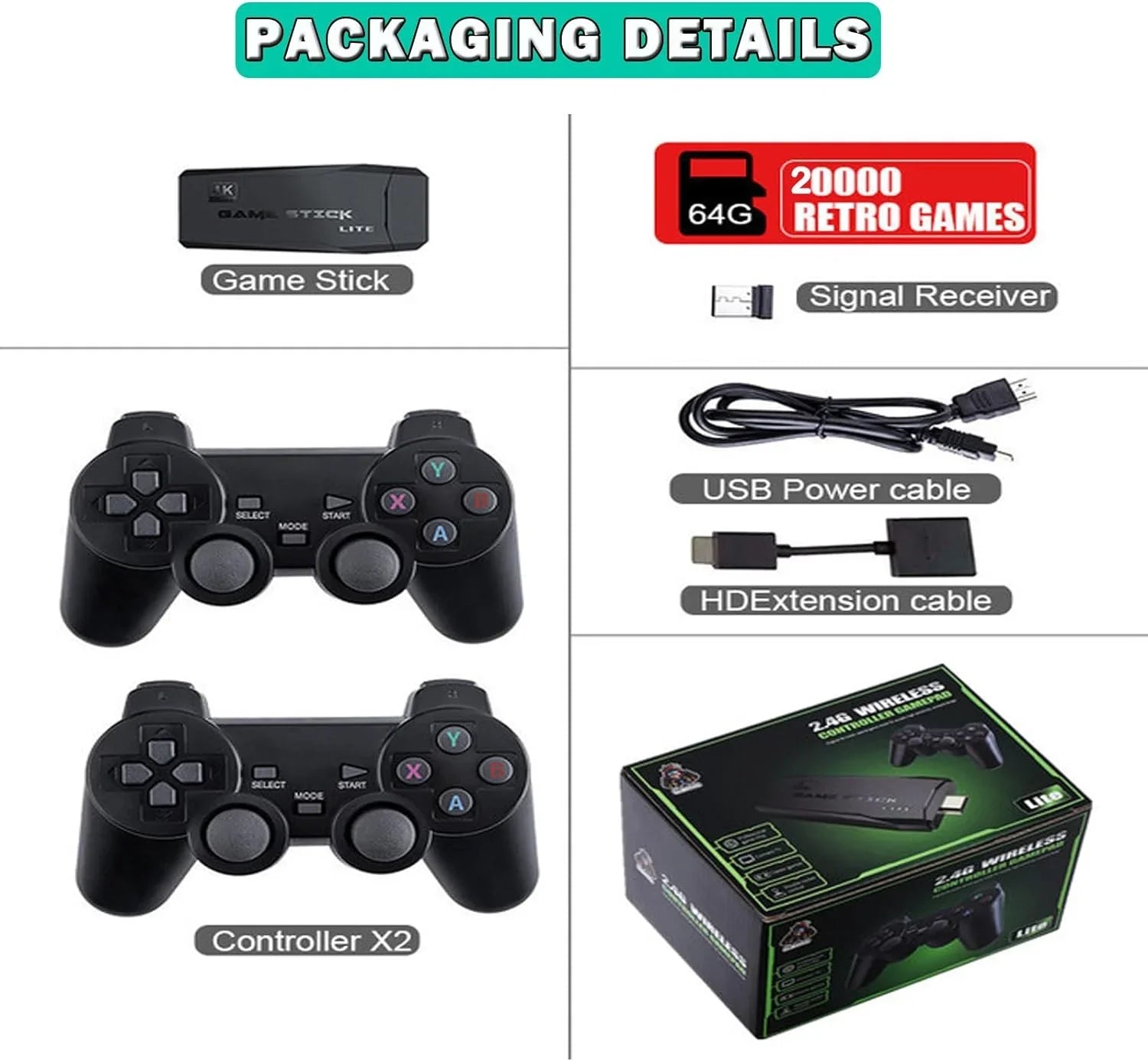 Stylish Retro Game Console, Nostalgia Video Game, Retro Game Stick Plug and Play Built-in 20,000+ Games, 4K HD Output, and 2.4GHz Wireless Controller(64G)