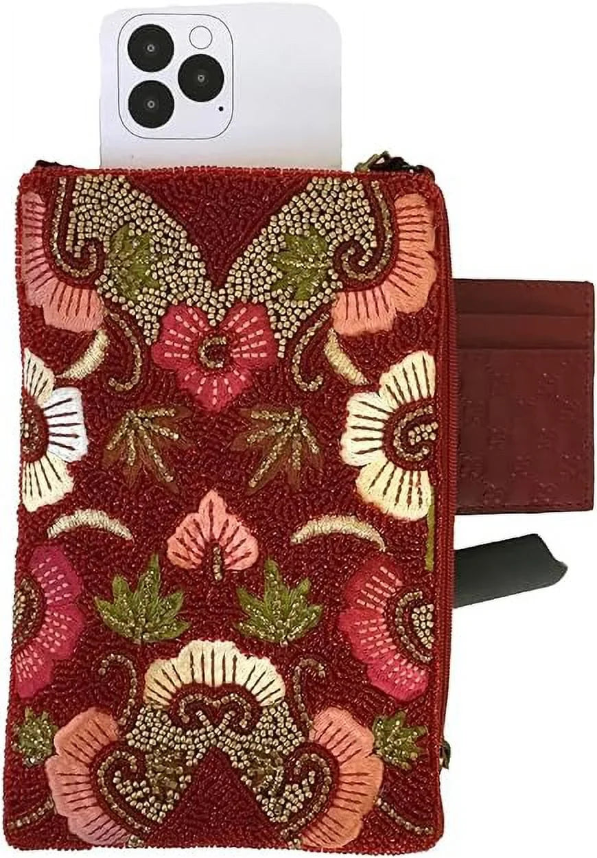 Stylish Ruby Bloom Floral Club Bag Beaded Phone Crossbody, Red Multi