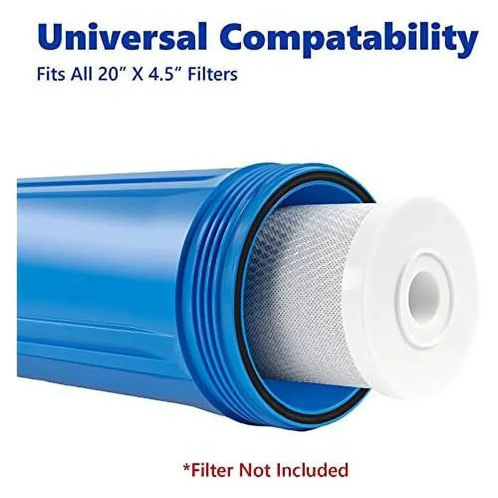whole house water filter housing, universal 20-inch housing 4.5â x 20â, 1-inch npt inlet outlet, heavy duty standard size replacement includes wrench, pressure release button