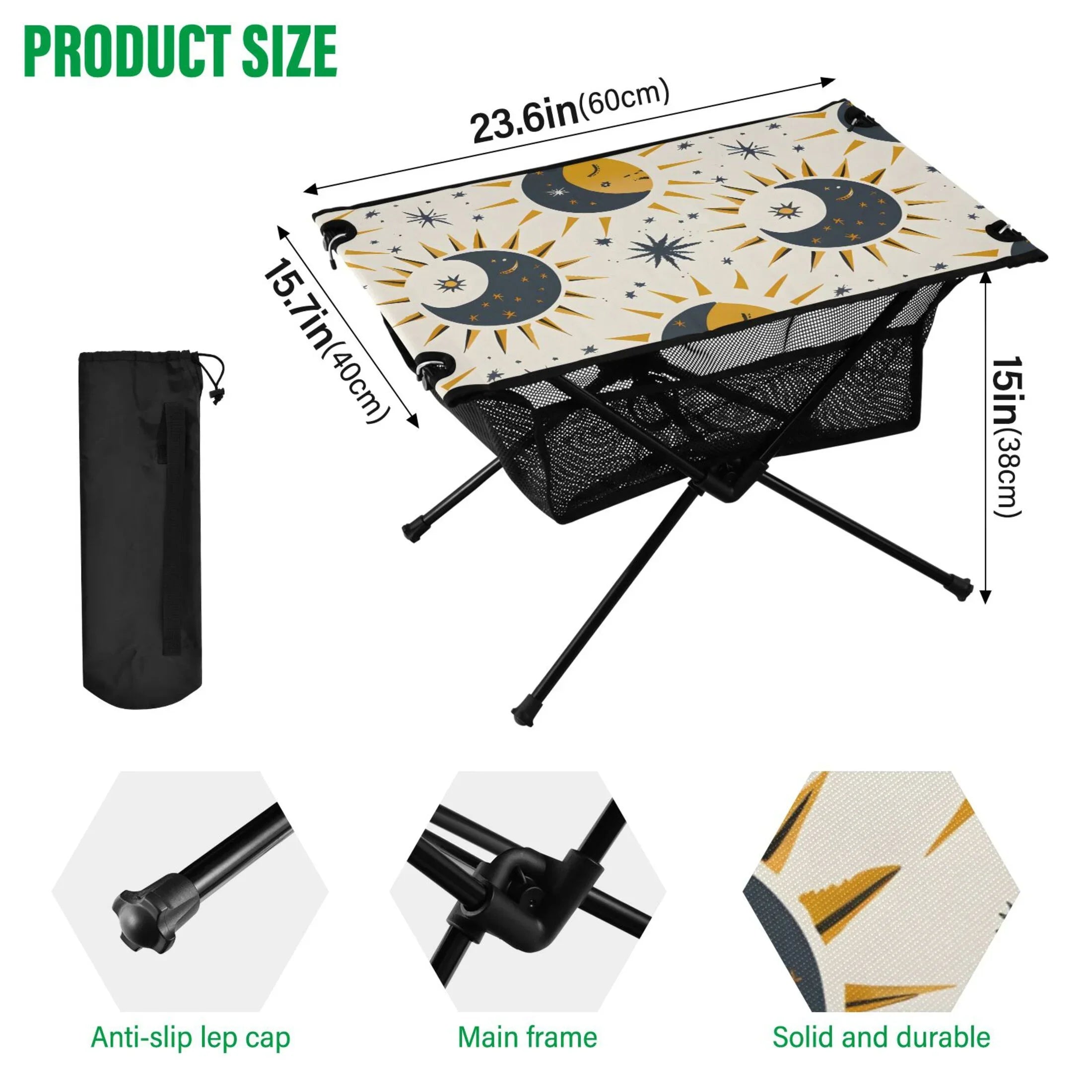 Stylish Sun Moon and Stars Camping Folding Table Portable Beach Table with Storage Bag Compact Picnic Table for Outdoor Travel Fishing BBQ