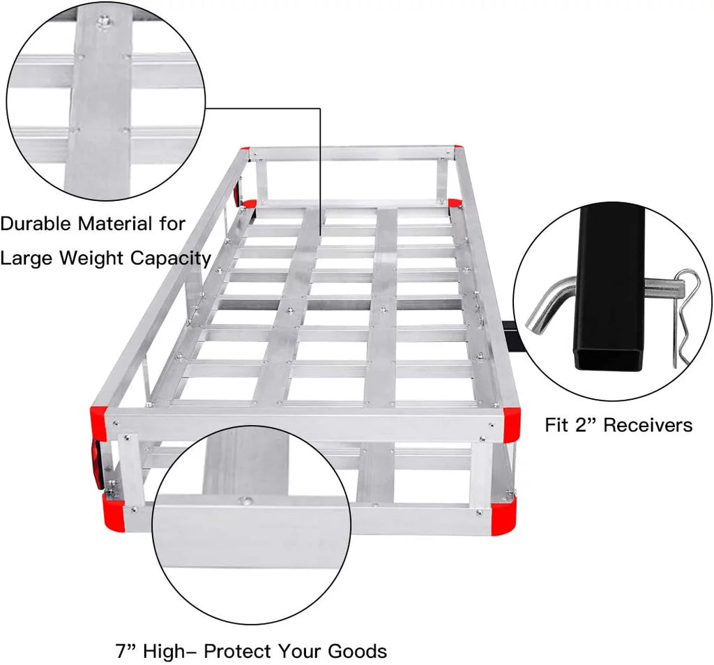 Stylish Hitch Cargo Carrier, Aluminum Trailer Hitch Cargo Carrier Fits 2â Receiver, 60â x 22â x 7â Mount Luggage Rack, Vehicle Cargo Basket for SUV, Truck, Car, 500LBS Capacity