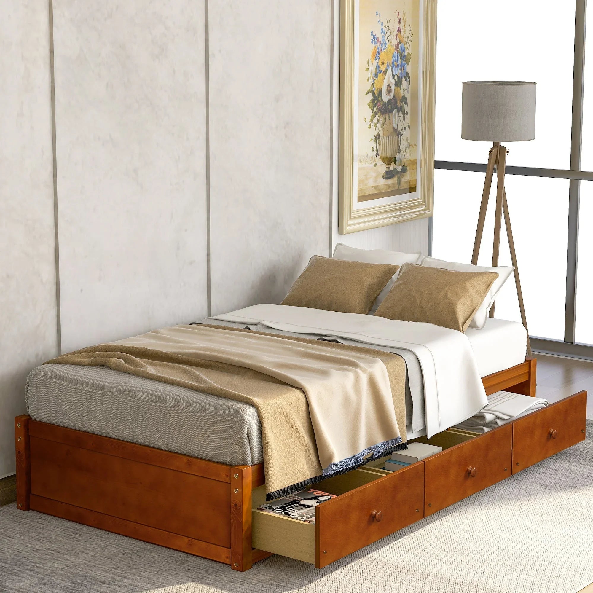 Oris Twin Size Wooden Platform Bed - Oak - Exclusive Design