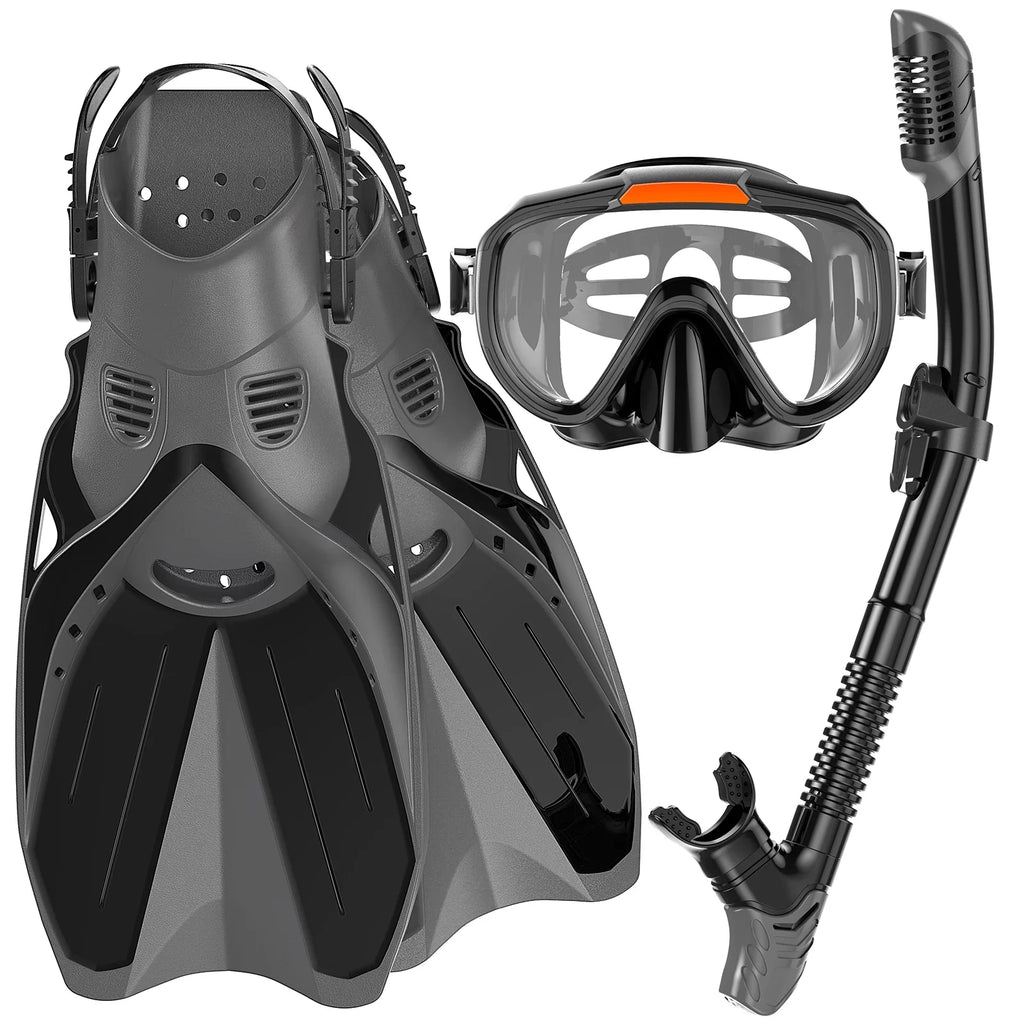 Snorkeling Gear for Adults Men Women,4 in 1 Snorkel Set with Panoramic View Diving Mask Anti-Fog Anti-Leak,Dry Top Snorkel,Fins and Travel Bag for Swimming,Snorkeling and Travel Diving - Exclusive Design
