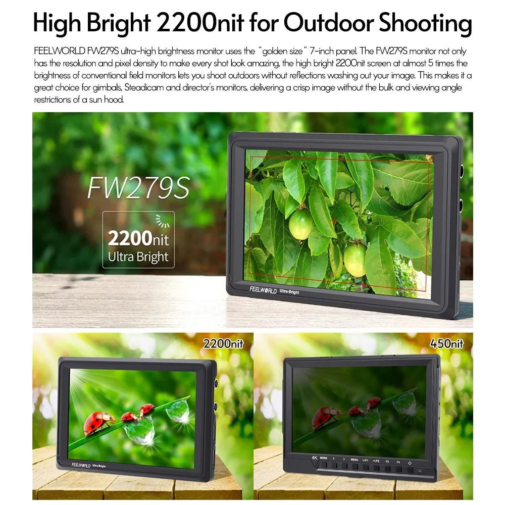 FEELWORLD FW279S 7 Inch 2200nit Ultra Bright Daylight Viewable Field Monitor Thin Design 3G-SDI 4K Input Output 1920*1200 IPS Panel for Outside / Viewable Even in Direct Sunlight - Exclusive Design