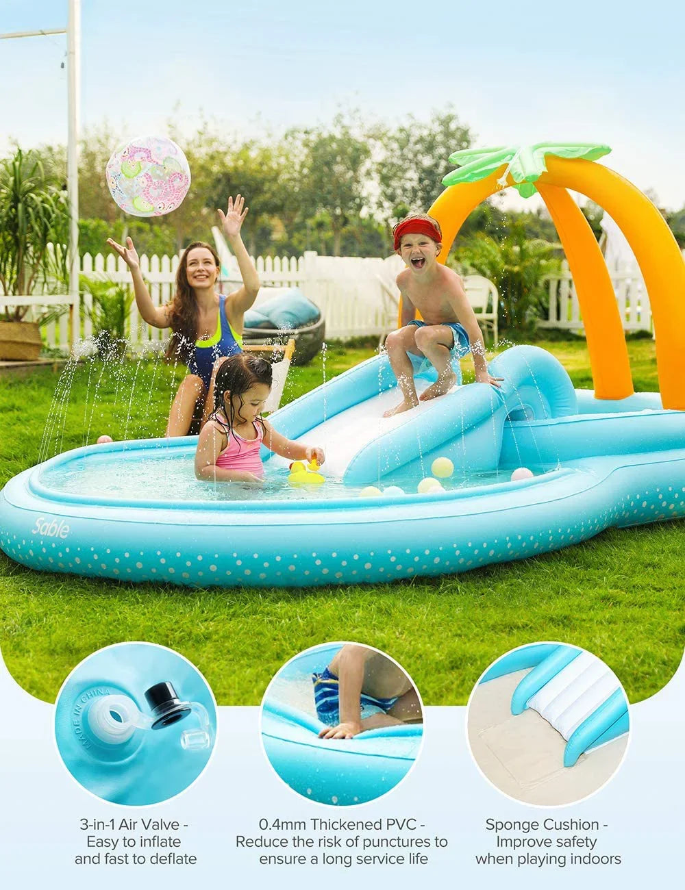 Sable Inflatable Play Center Wading Pool with Slide for Kids Children Garden Backyard 110'' x 71'' x 53''
