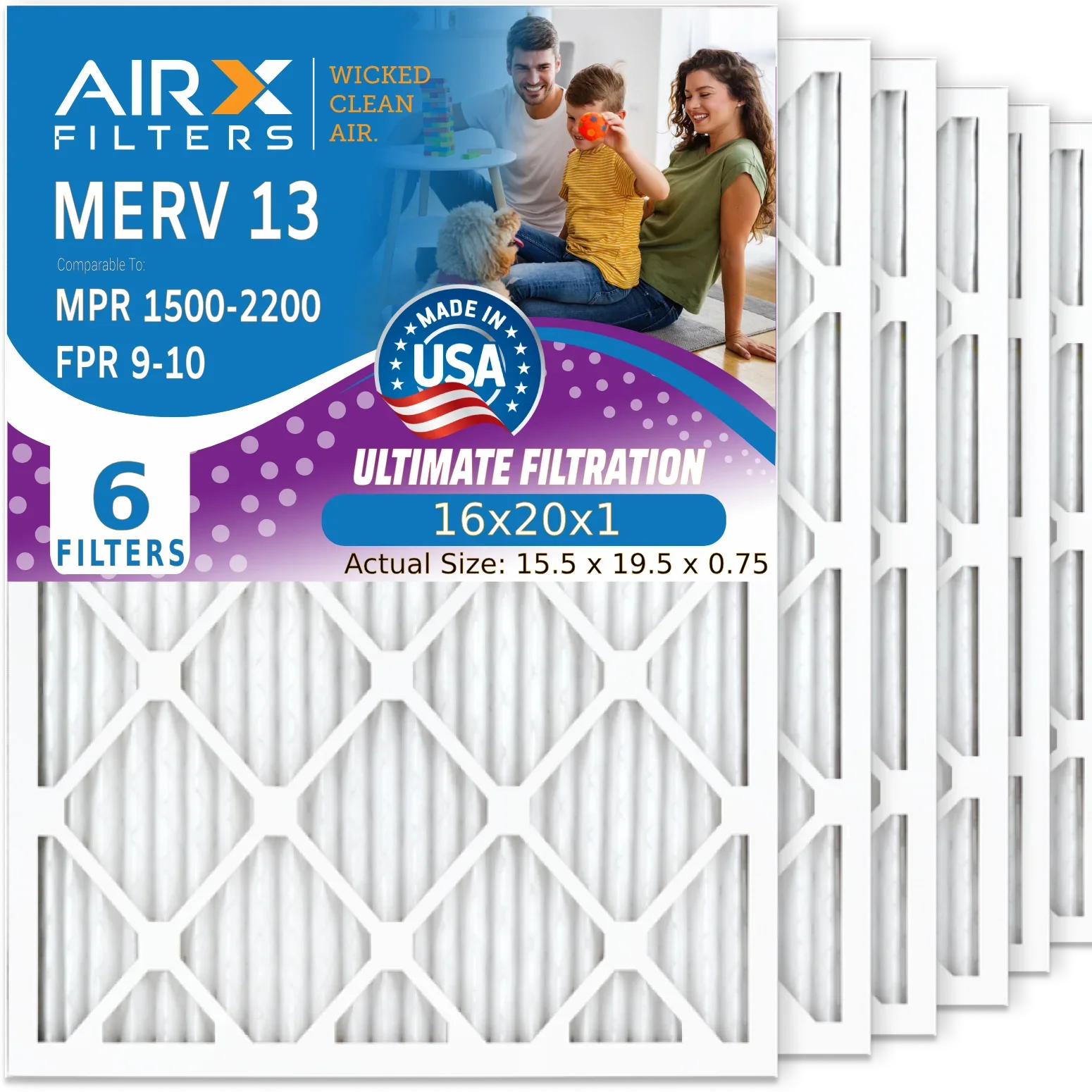 16x20x1 Air Filter MERV 13 Comparable to MPR 1500 - 2200 & FPR 9 Electrostatic Pleated Air Conditioner Filter 6 Pack HVAC AC Premium USA Made 16x20x1 Furnace Filters by AIRX FILTERS WICKED CLEAN AIR. - Exclusive Design
