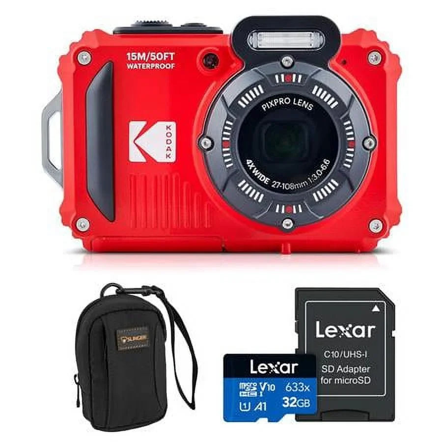 PIXPRO WPZ2 16MP Full HD Waterproof Rugged Digital Camera, Red, Bundle with 32GB Memory Card and Camera Bag