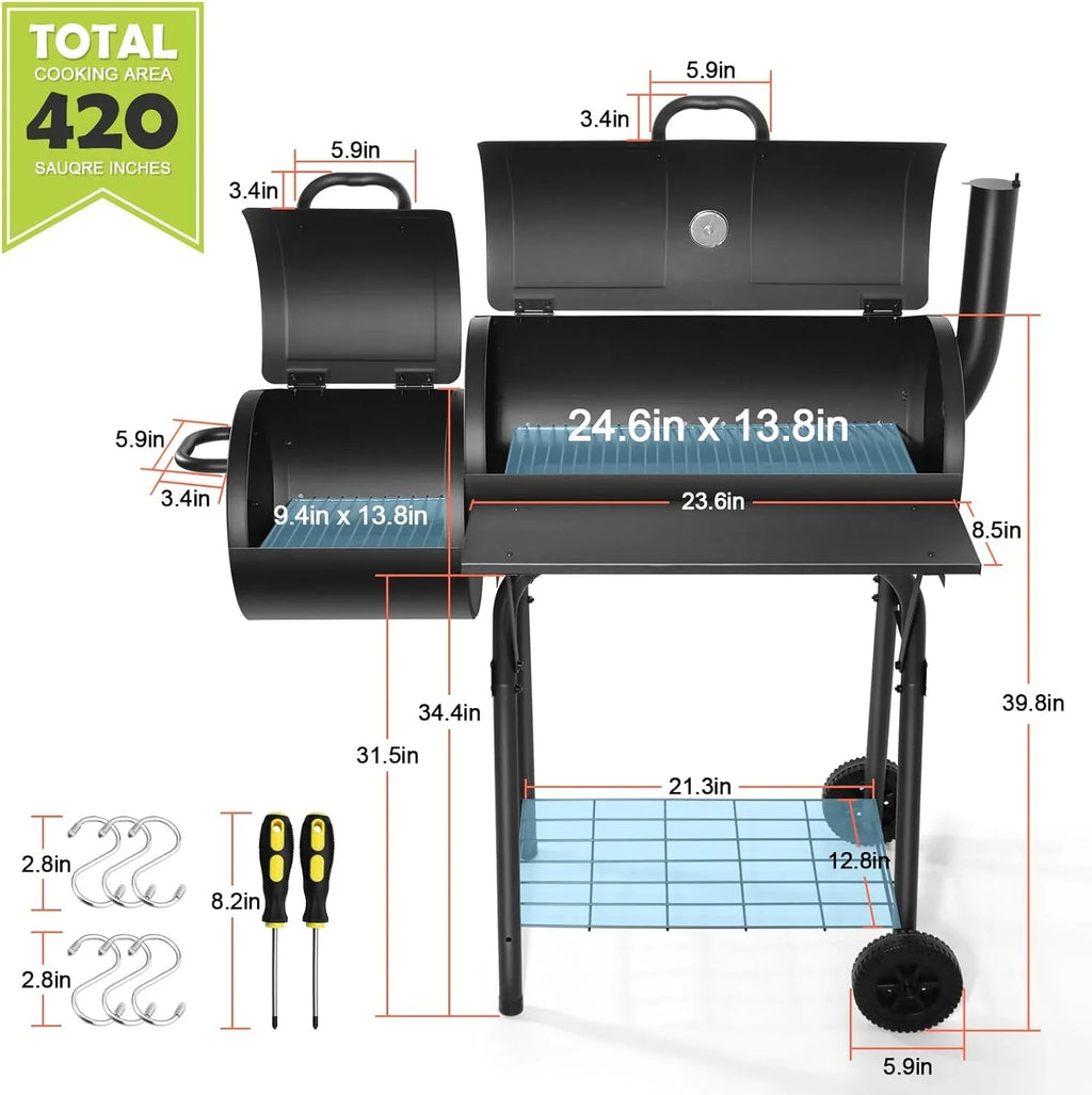 Outdoor BBQ Grill, Barrel Charcoal Grill with Offset Smoker, Camping Barbecue Grill for Patio Backyard Garden Party Picnic, Large 420.SQ.IN Cooking Area, 2 Screwdrivers & 6 Hooks - Black - Exclusive Design