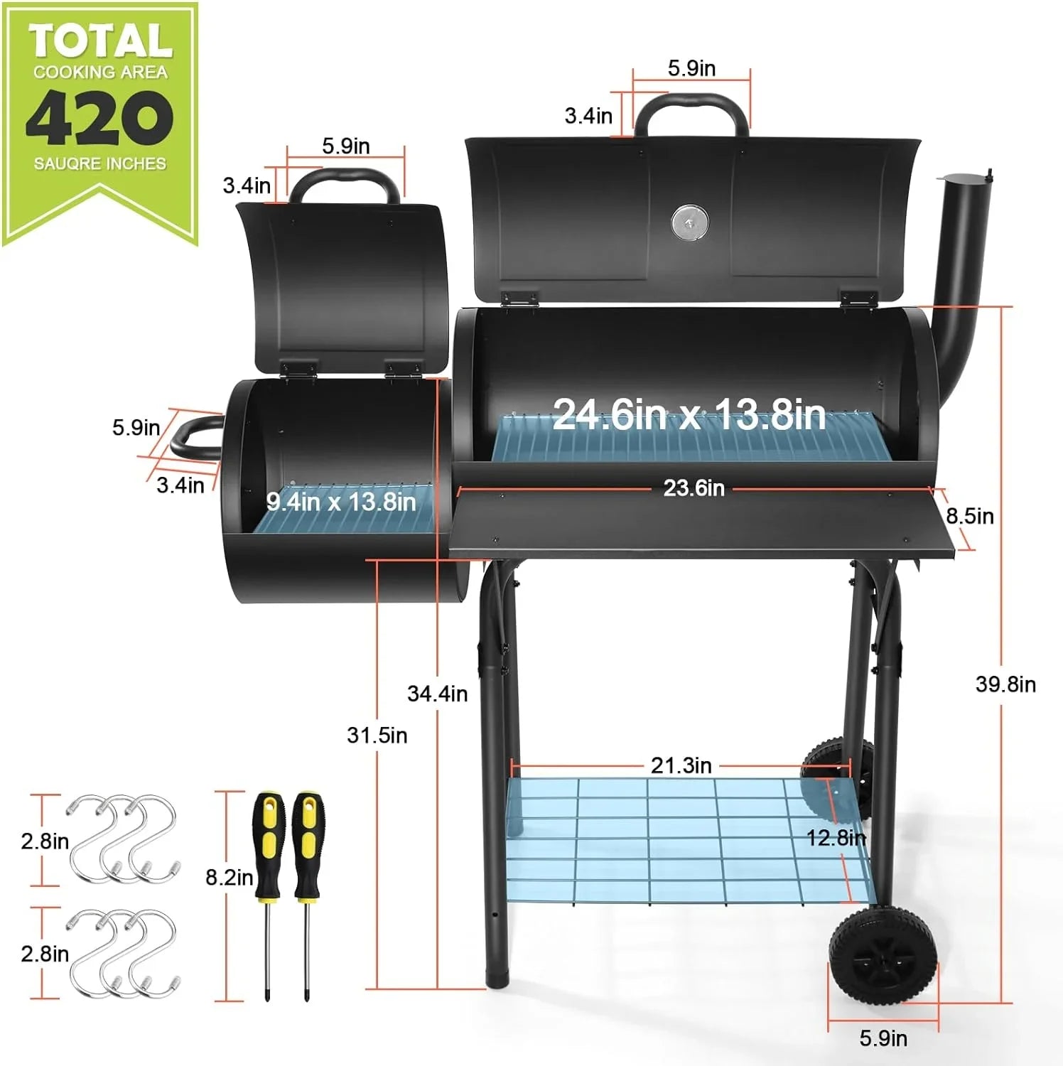 Outdoor BBQ Grill, Barrel Charcoal Grill with Offset Smoker, Camping Barbecue Grill for Patio Backyard Garden Party Picnic, Large 420.SQ.IN Cooking Area, 2 Screwdrivers & 6 Hooks - Black - Exclusive Design