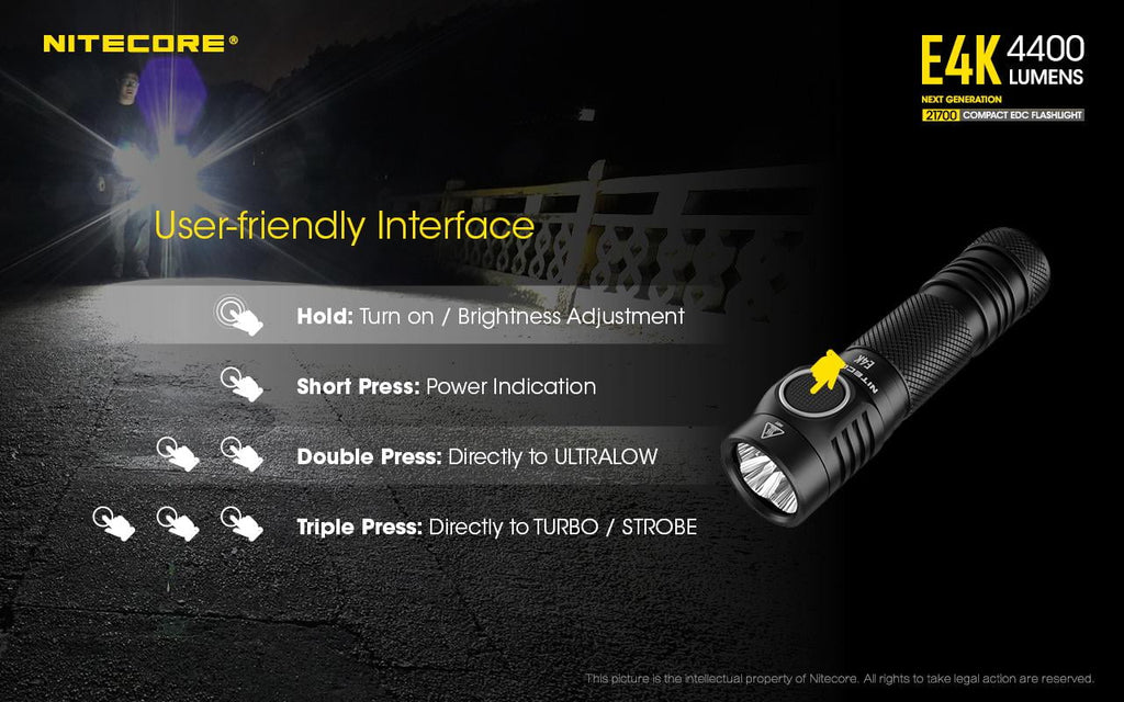 Combo: NITECORE E4K Next generation Flashlight - 4400 Lumens w/Tiki Mini Keychain Lamp -300 Lumens